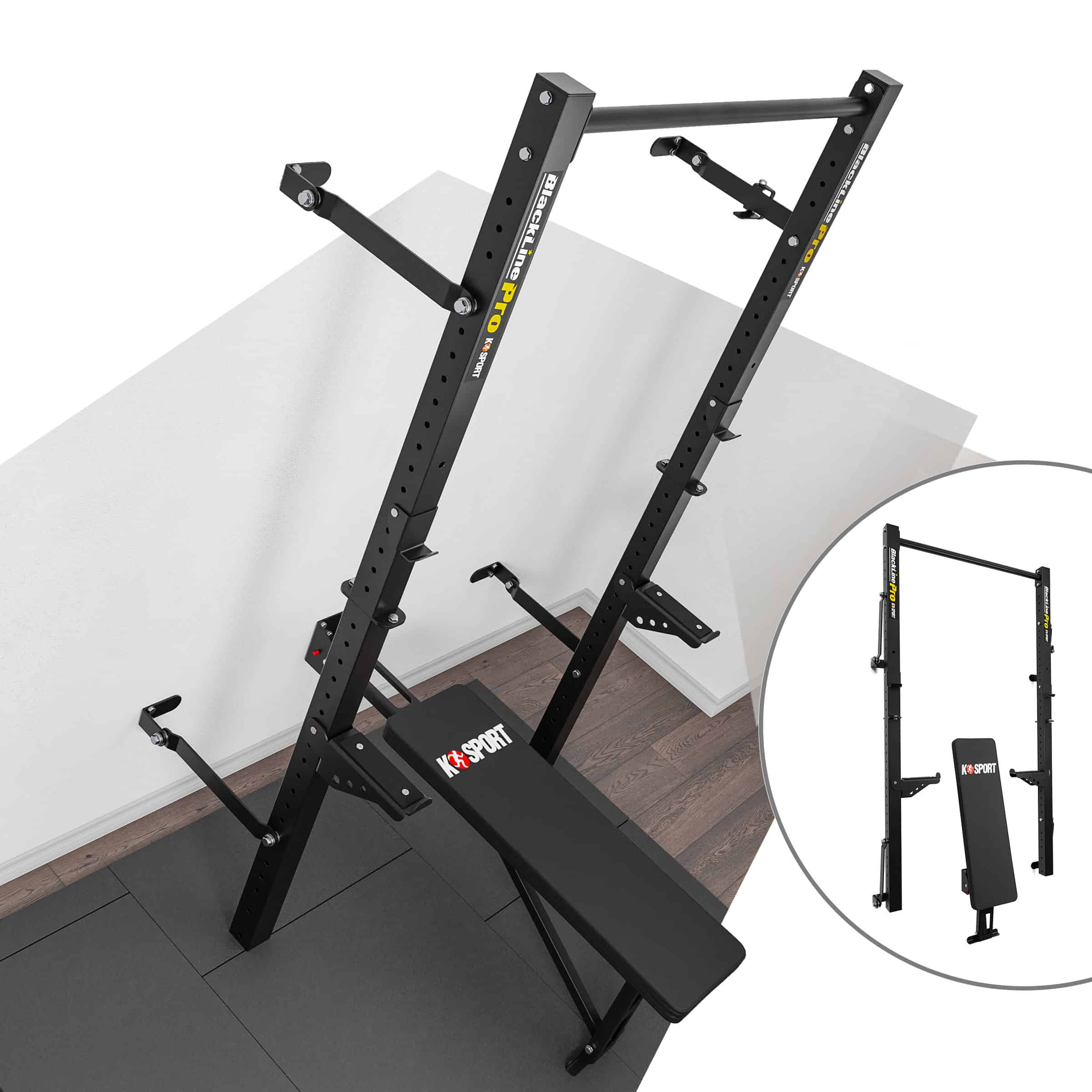 Klappbares Wall Rack mit integrierter Hantelbank in Trainingsraum