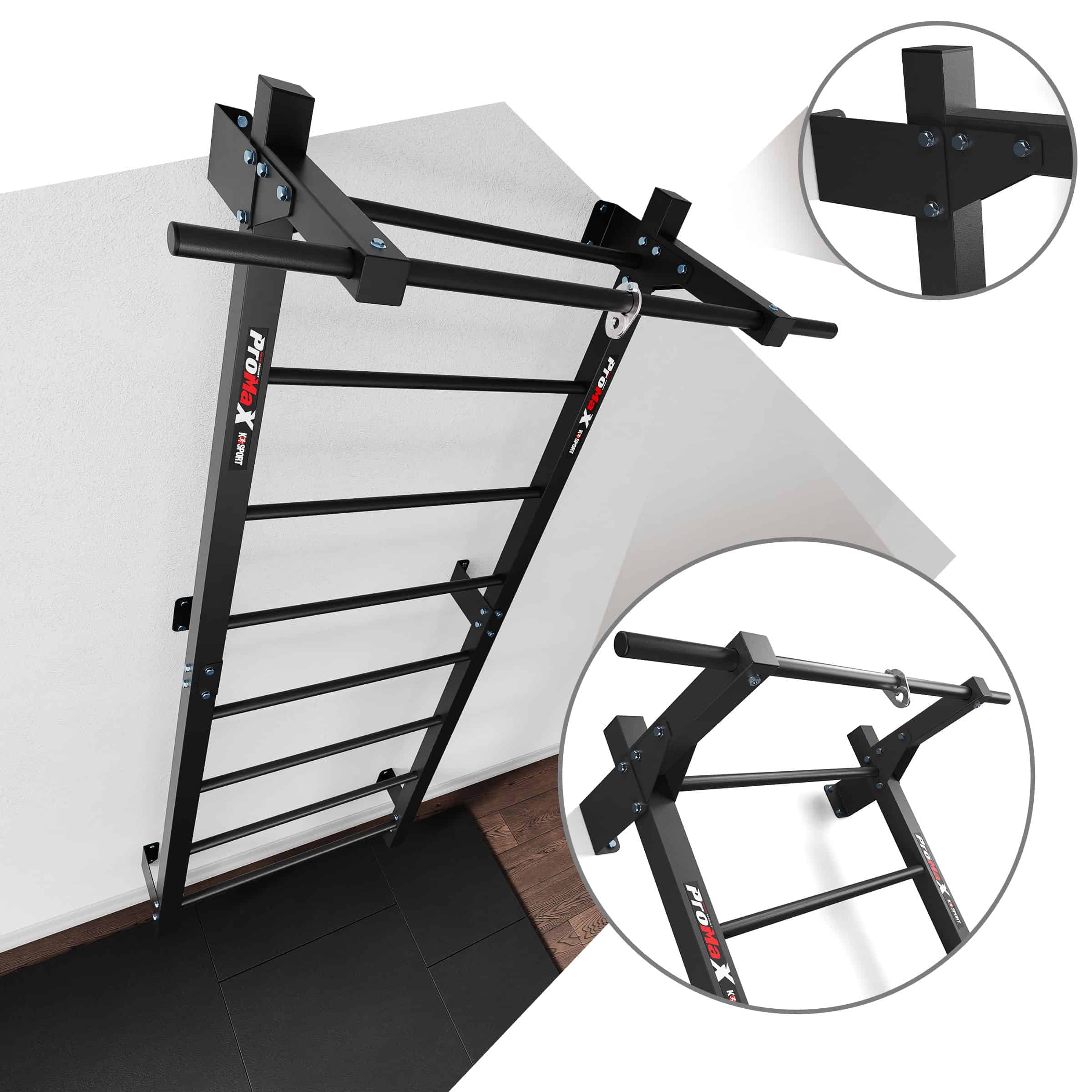An der Wand montierte Fitness-Sprossenwand mit Klimmzugstange im Homegym, Detail der Befestigung