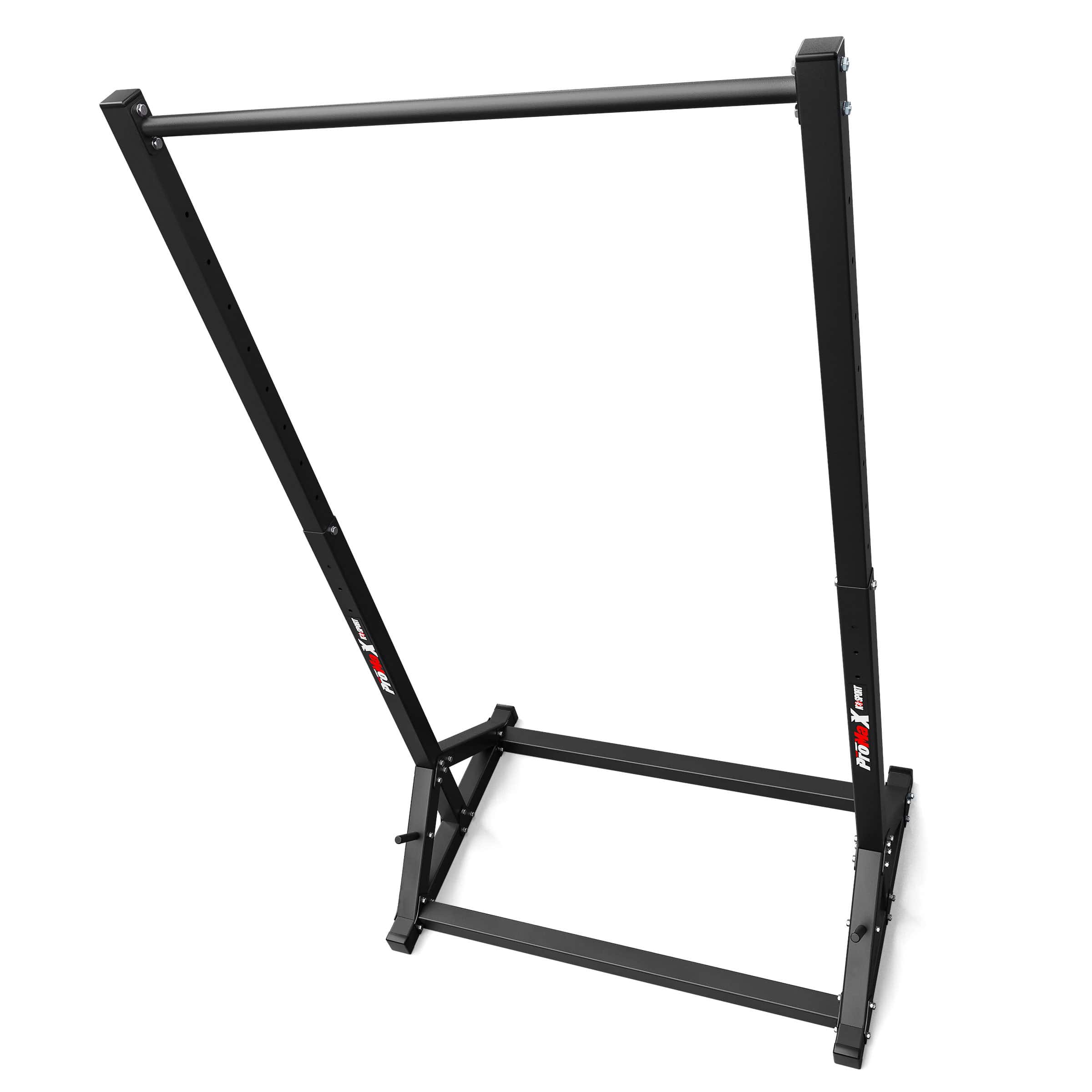 Schrägansicht der höhenverstellbaren Klimmzugstange mit robuster Stahlkonstruktion für Heimfitness.