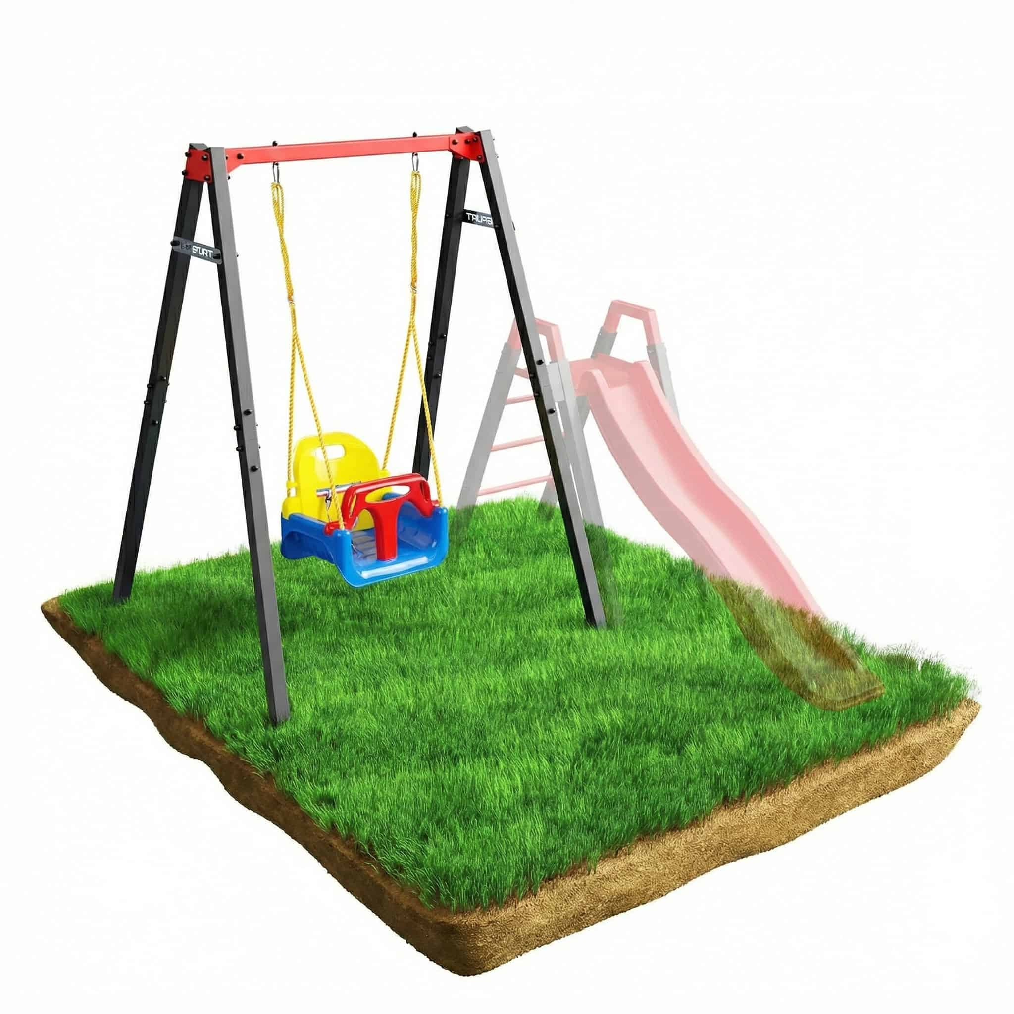 Garten Babyschaukel 3-in-1 mit Metallgestell auf Rasen, kombinierbar mit weiteren Spielgeräten, stabiles Outdoor Schaukelset für Kinder