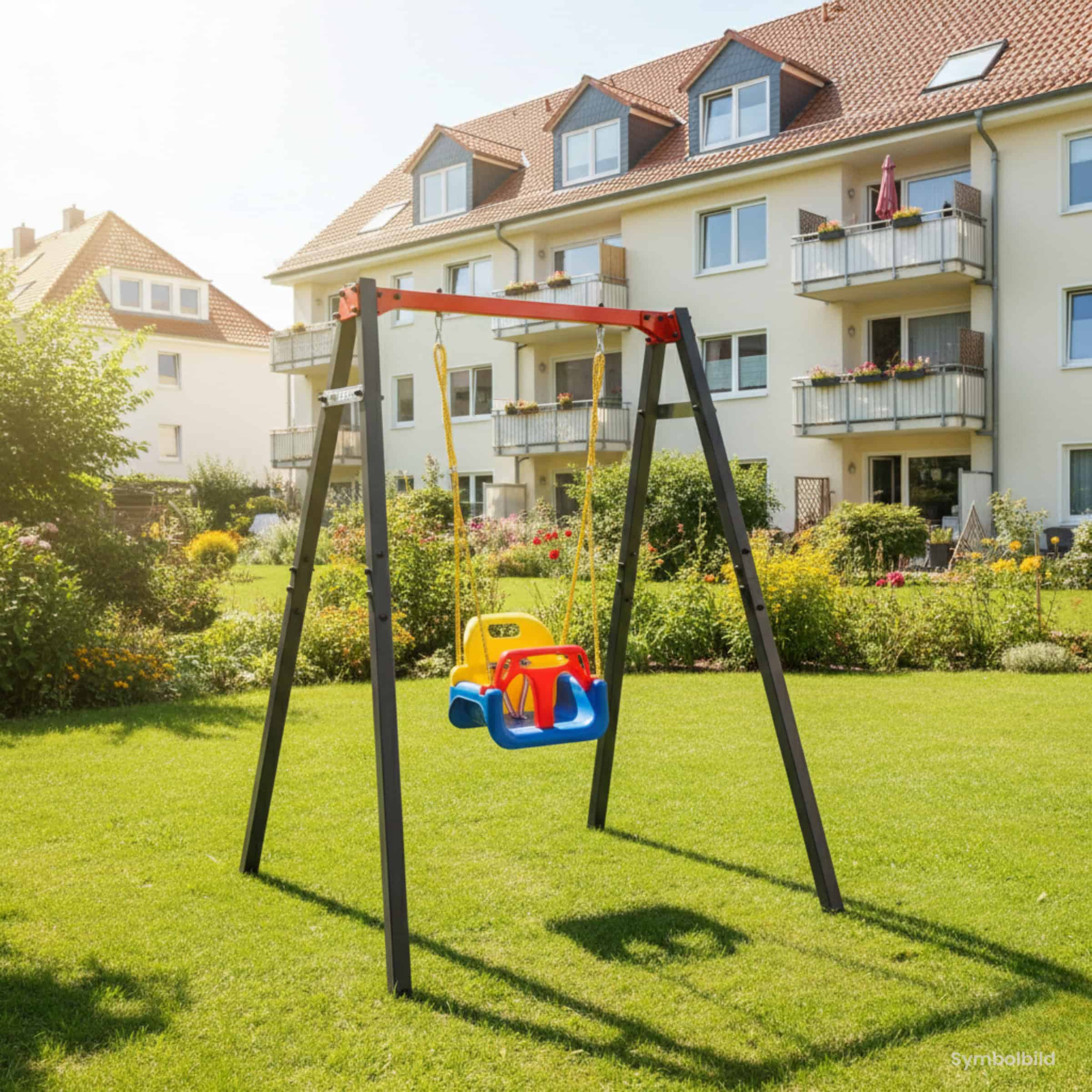 3-in-1 Babyschaukel mit robustem Metallgestell in Wohnanlage im Garten, wetterfeste und sichere Kleinkindschaukel für draußen