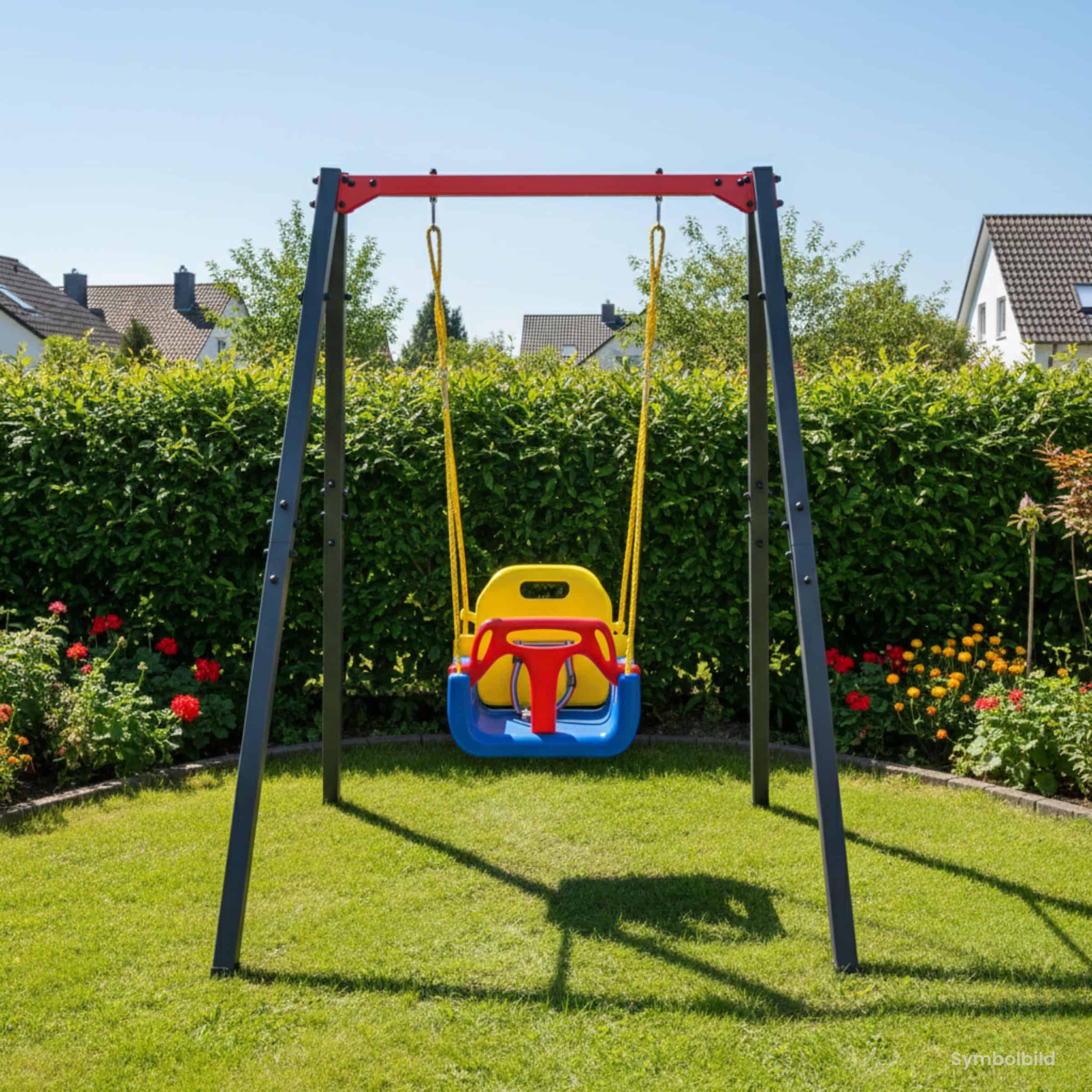 Garten Babyschaukel mit stabilem Metallrahmen vor Hecke, mitwachsender Kindersitz für sicheren Schaukelspaß im Außenbereich