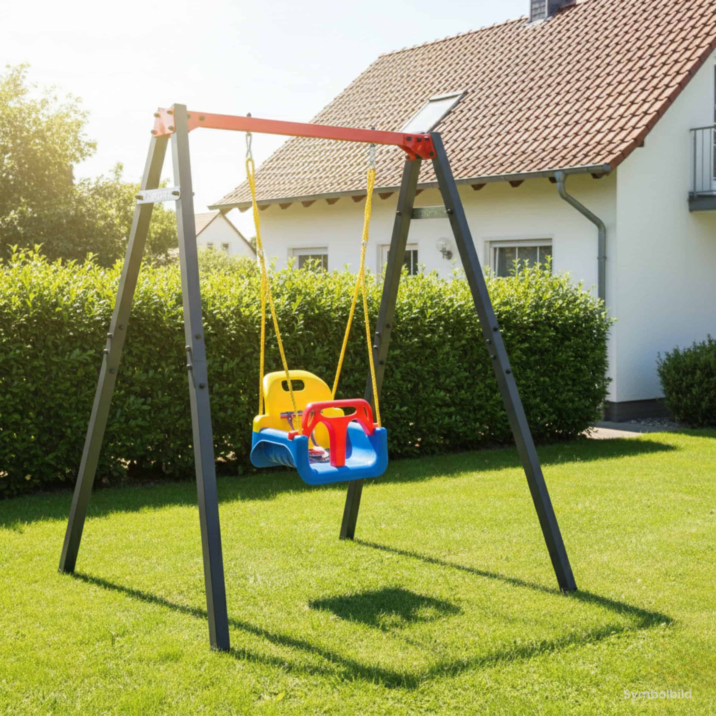 3-in-1 Babyschaukel im Garten vor Einfamilienhaus mit langlebigem Metallgestell, wetterfestes Schaukelset für Babys und Kleinkinder