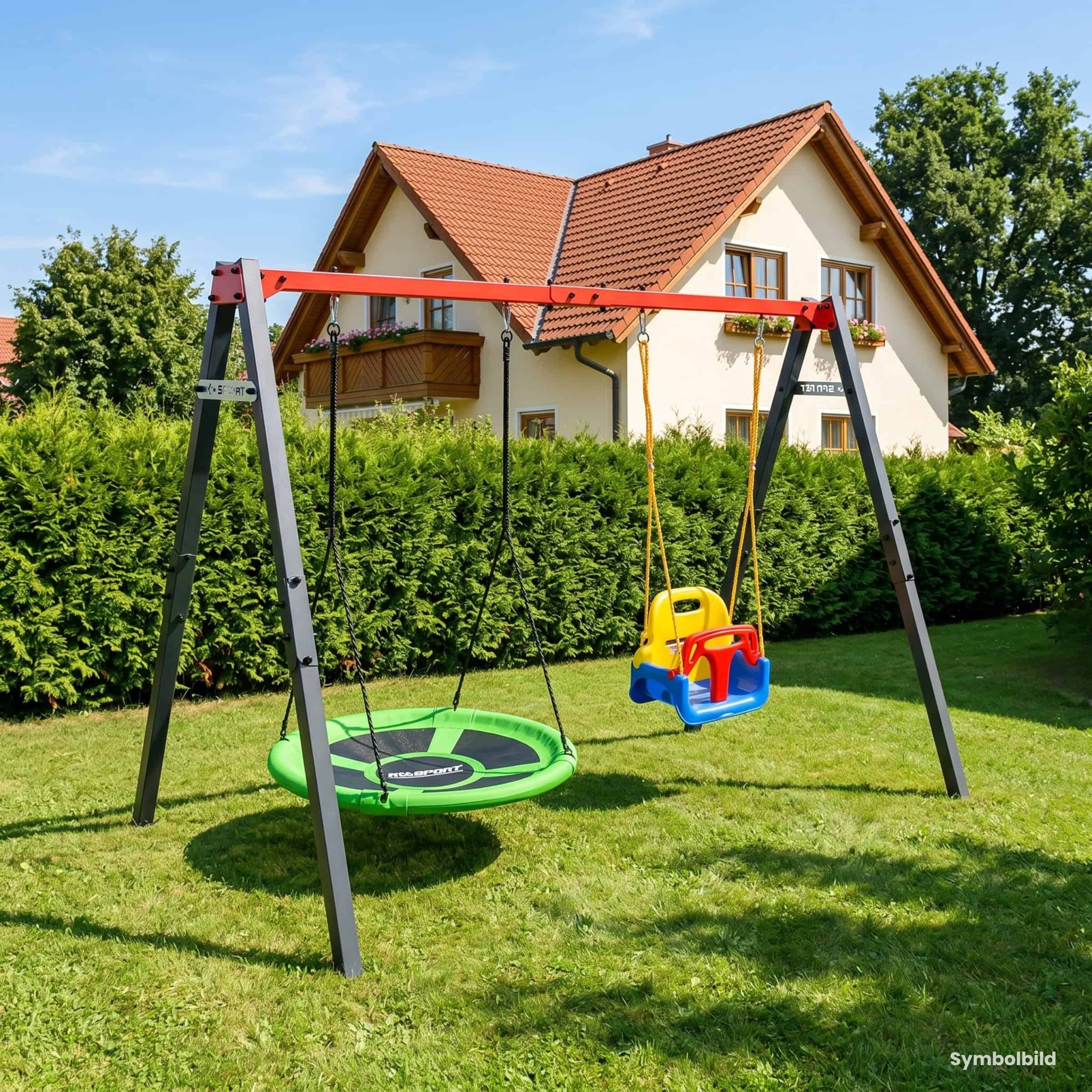Doppelschaukel im Garten mit Nestschaukel und Babyschaukel vor Einfamilienhaus auf grünem Rasen