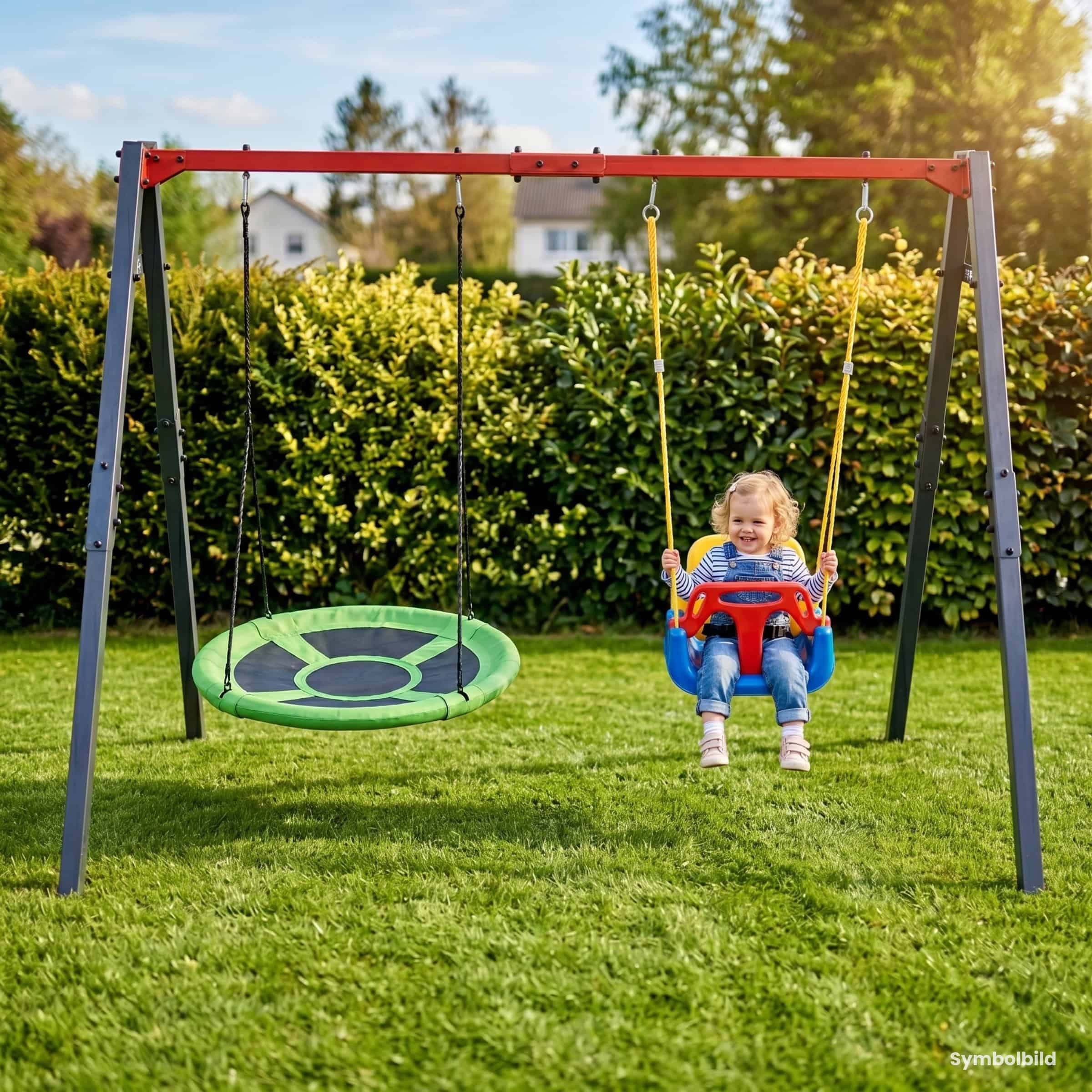 Kleinkind sitzt in Babyschaukel auf stabiler Doppelschaukel mit Nestschaukel im sonnigen Garten