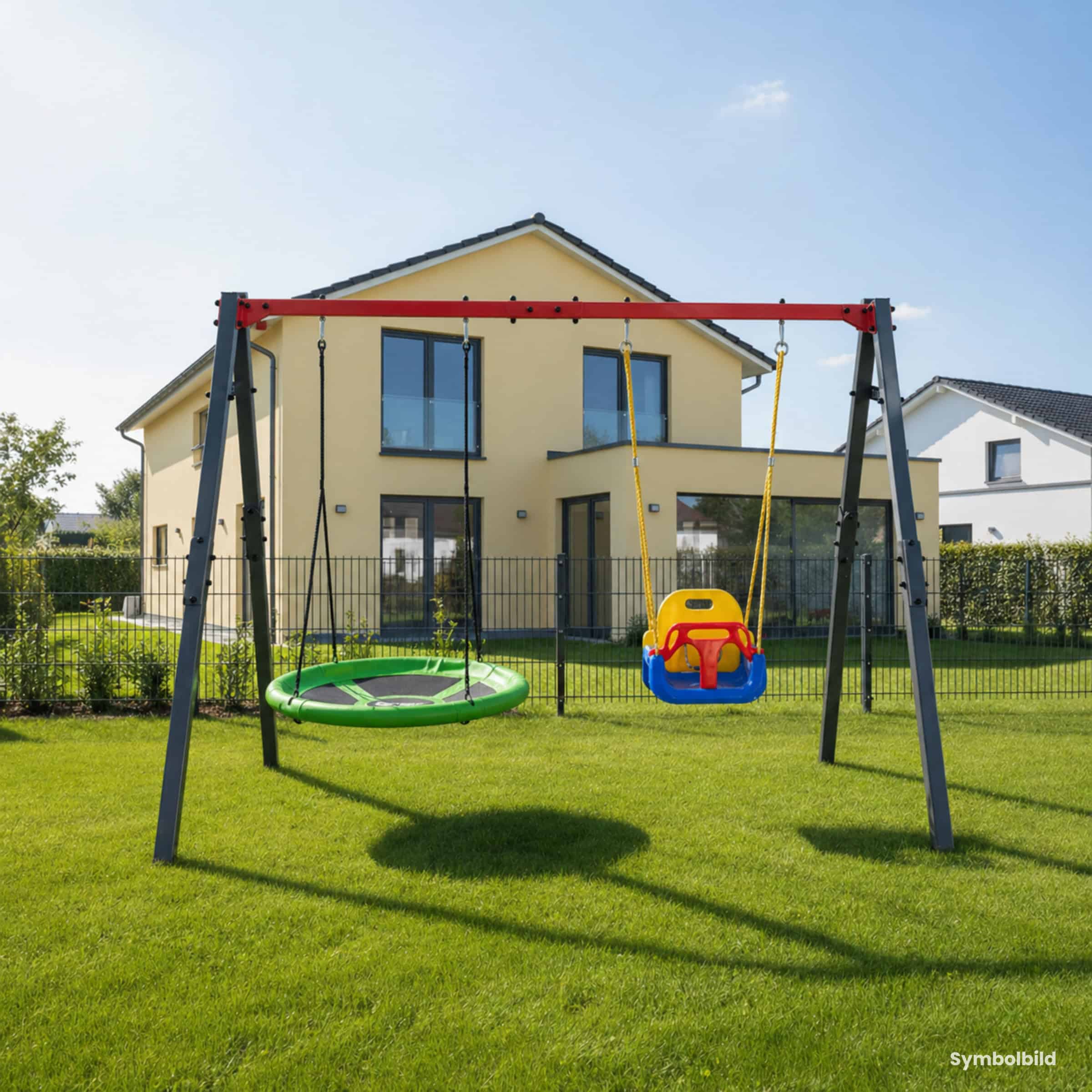 Moderne Doppelschaukel mit Nestschaukel und Babysitz im Garten vor Haus mit Terrasse und Rasenfläche