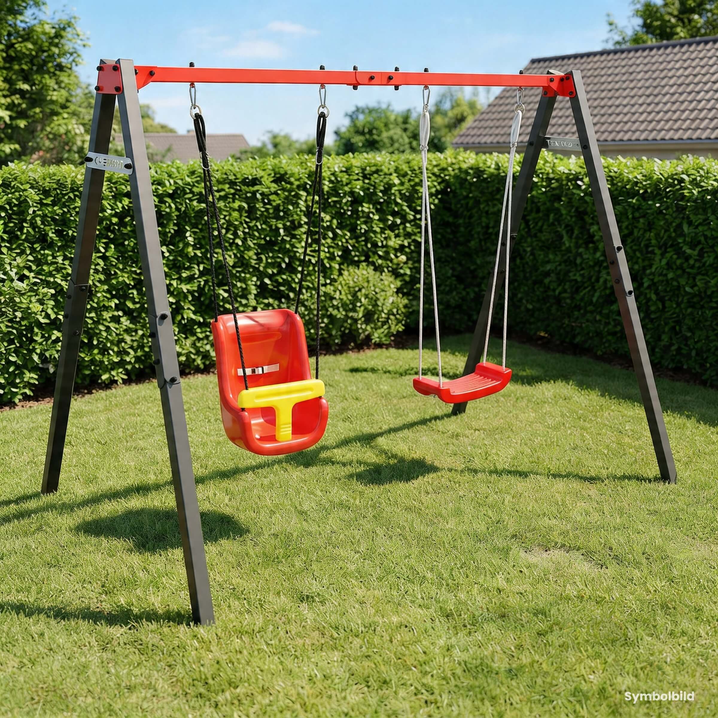 Metall Gartenschaukel mit Babysitz und Brettschaukel auf gepflegter Rasenfläche im Garten