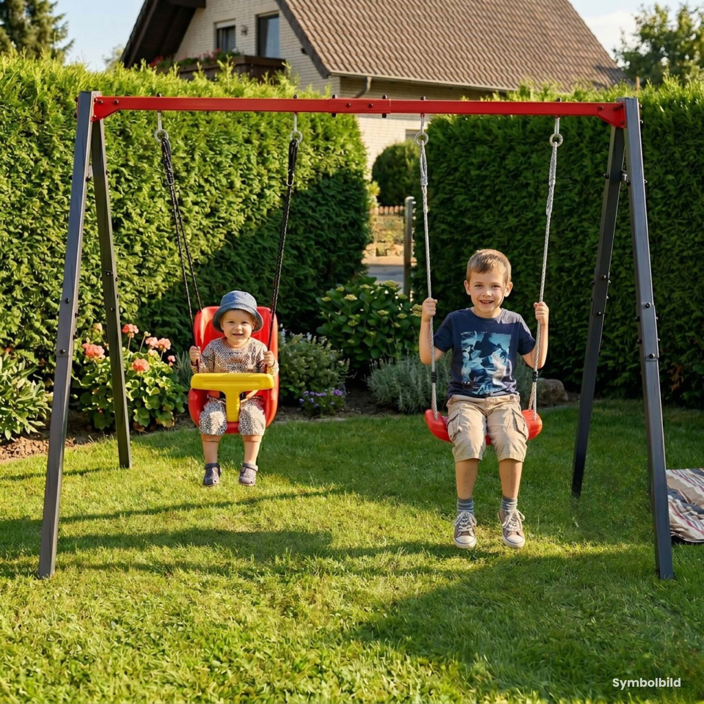 Kinder spielen auf stabiler Metall Gartenschaukel mit Babysitz und Brettschaukel im Garten