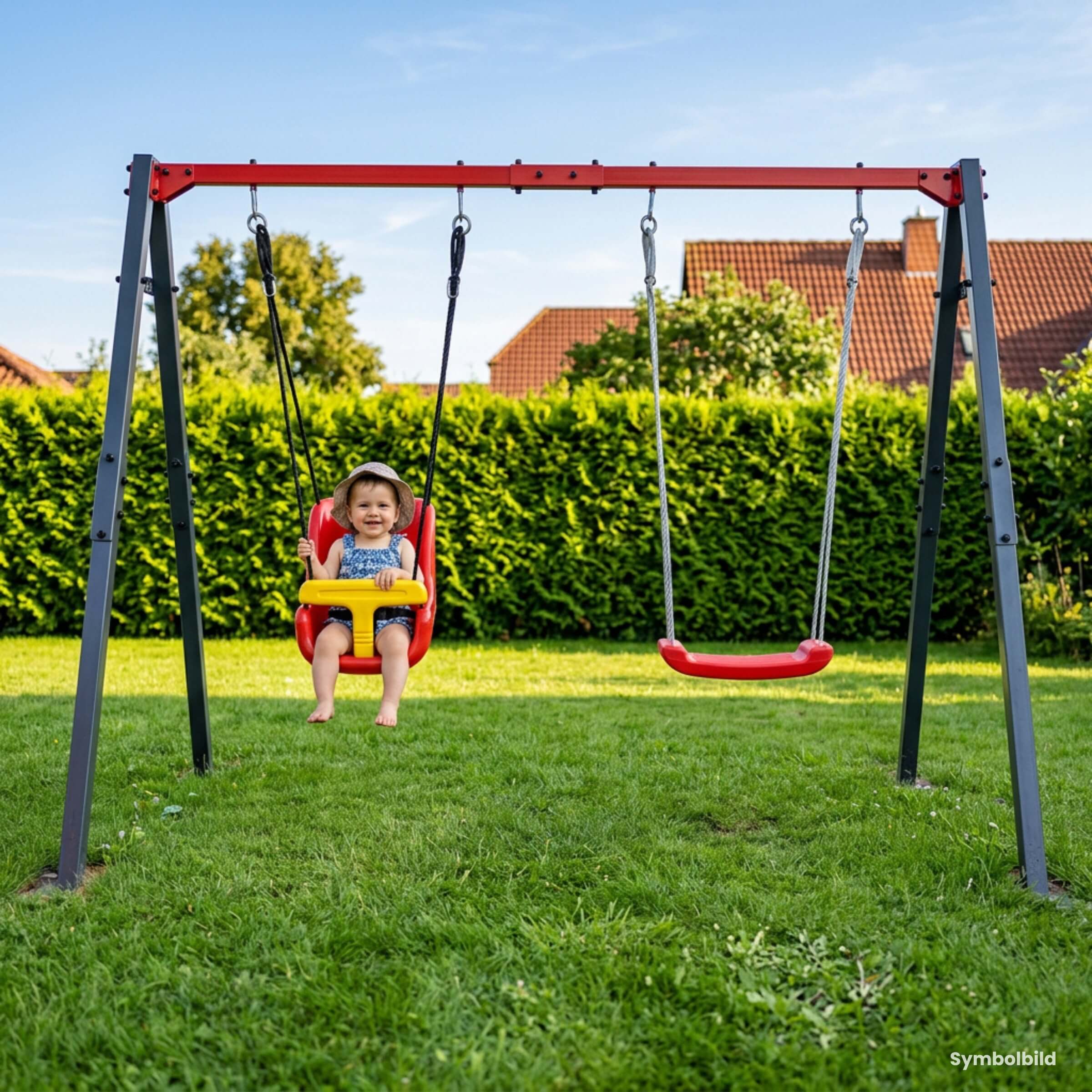 Kleinkind sitzt sicher in Babyschaukel an Metall Gartenschaukel im Garten