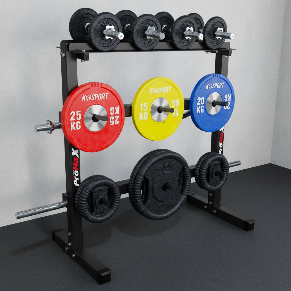 Hantelständer im Homegym mit farbigen Gewichtsscheiben und Kurzhanteln, platzsparende Fitness Aufbewahrung