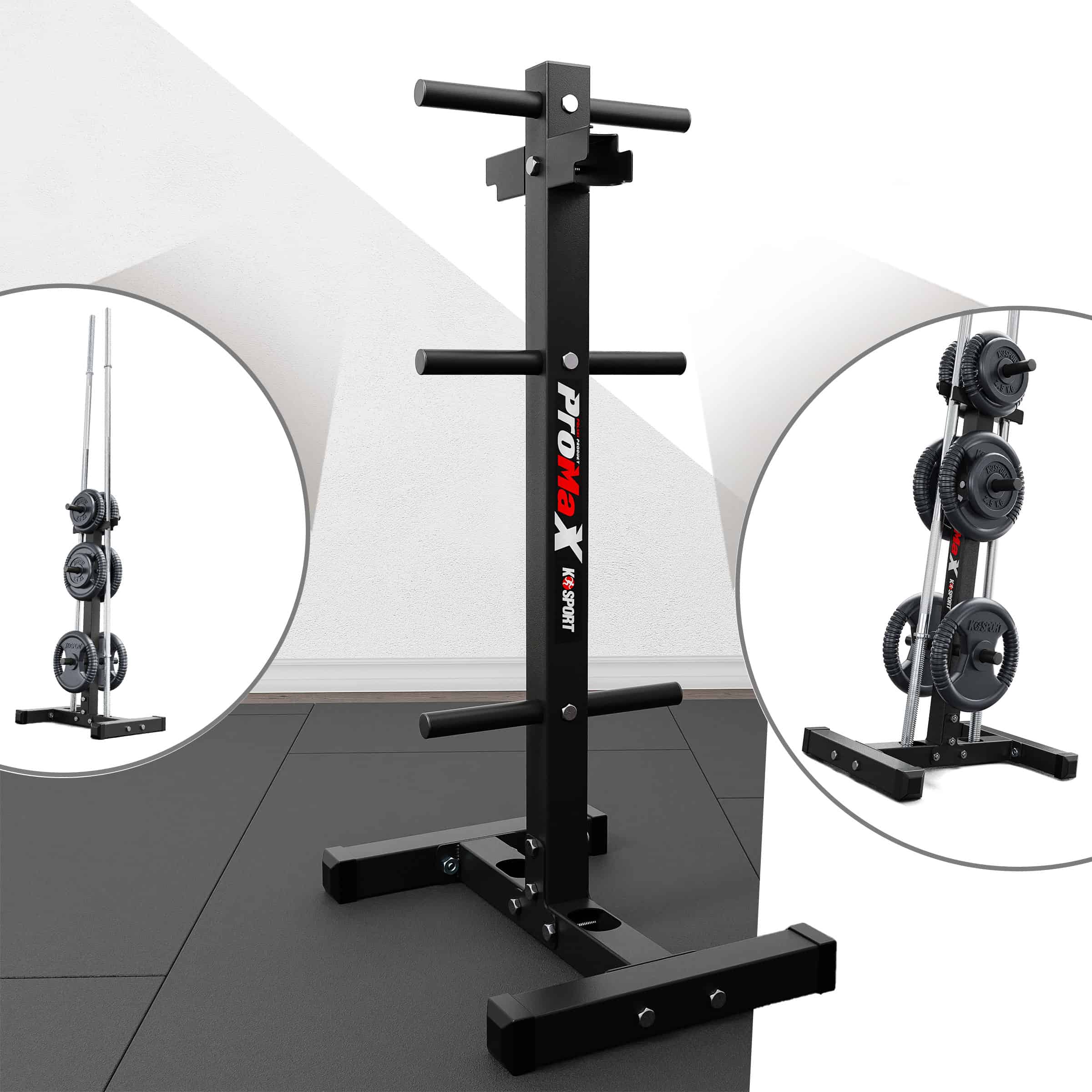 Gewichtsscheibenständer in einem Fitnessraum, mit Detailansichten der Ablagen