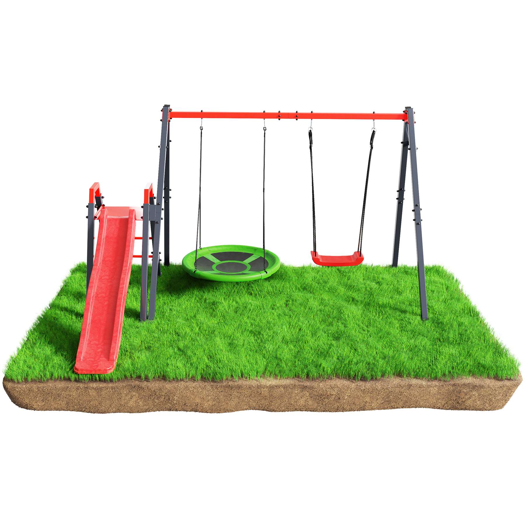 Kinderschaukel-Set mit Rutsche und zwei Schaukeln, Frontalansicht