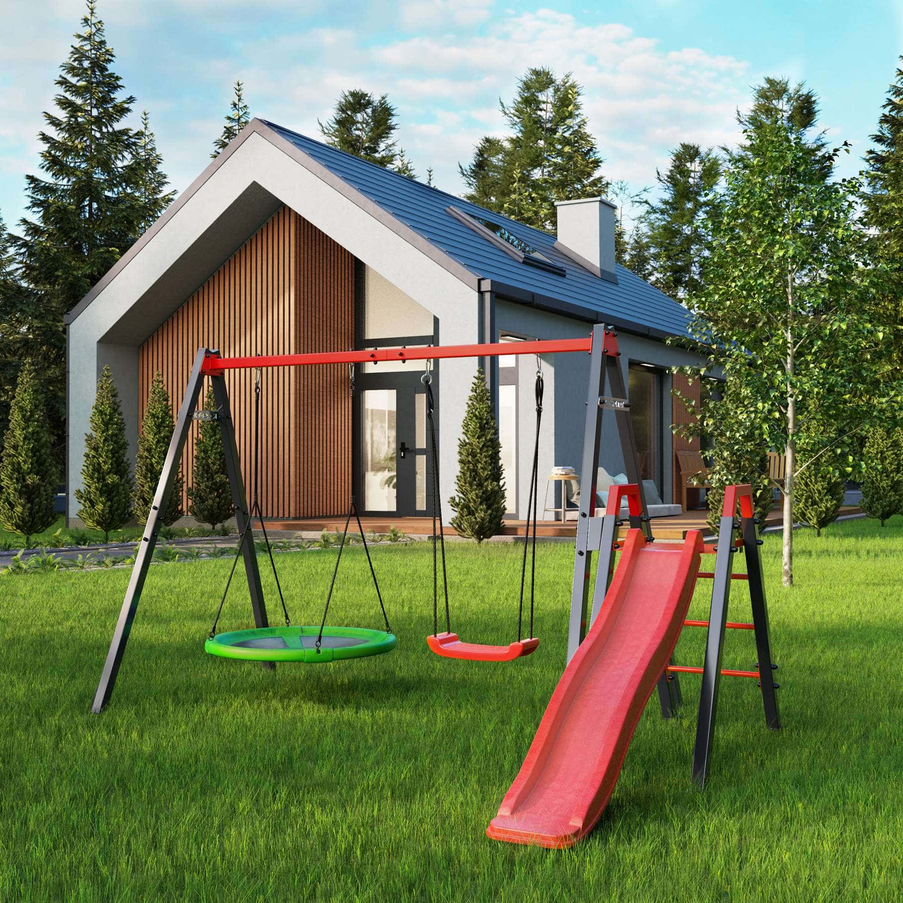 Kinderschaukel-Set mit Rutsche im Garten vor einem modernen Haus