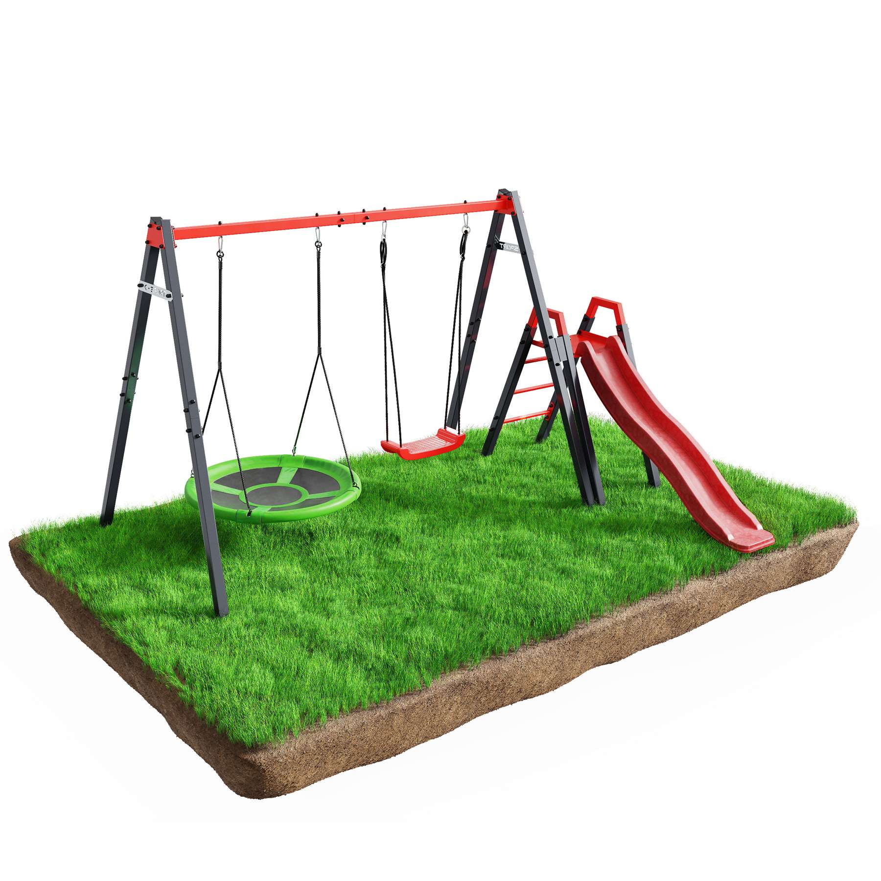 Kinderschaukel-Set mit Rutsche und Nestschaukel auf grünem Rasen