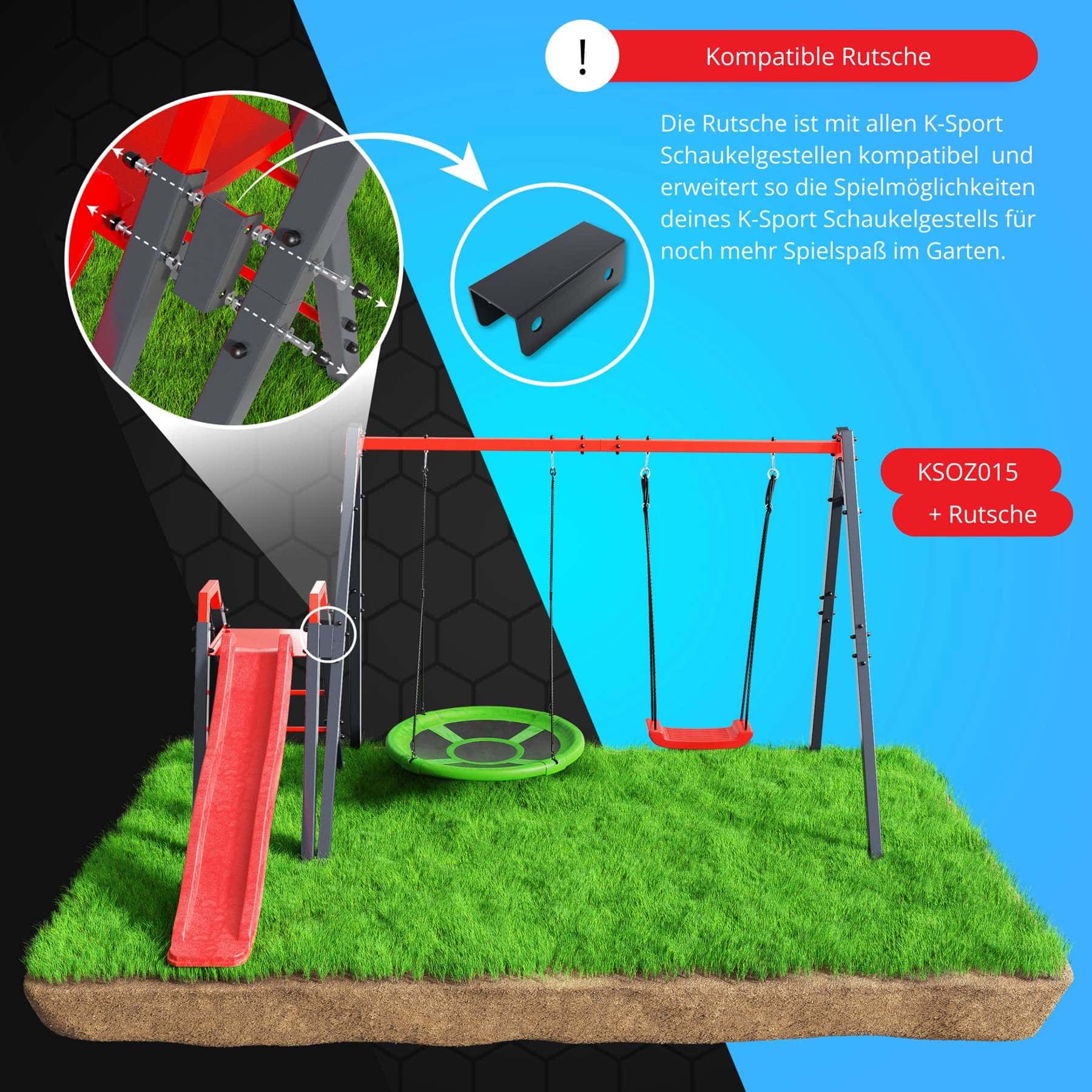 Kombinationsset mit einer Schaukel und Rutsche auf Gras, hervorgehobene kompatible Teile