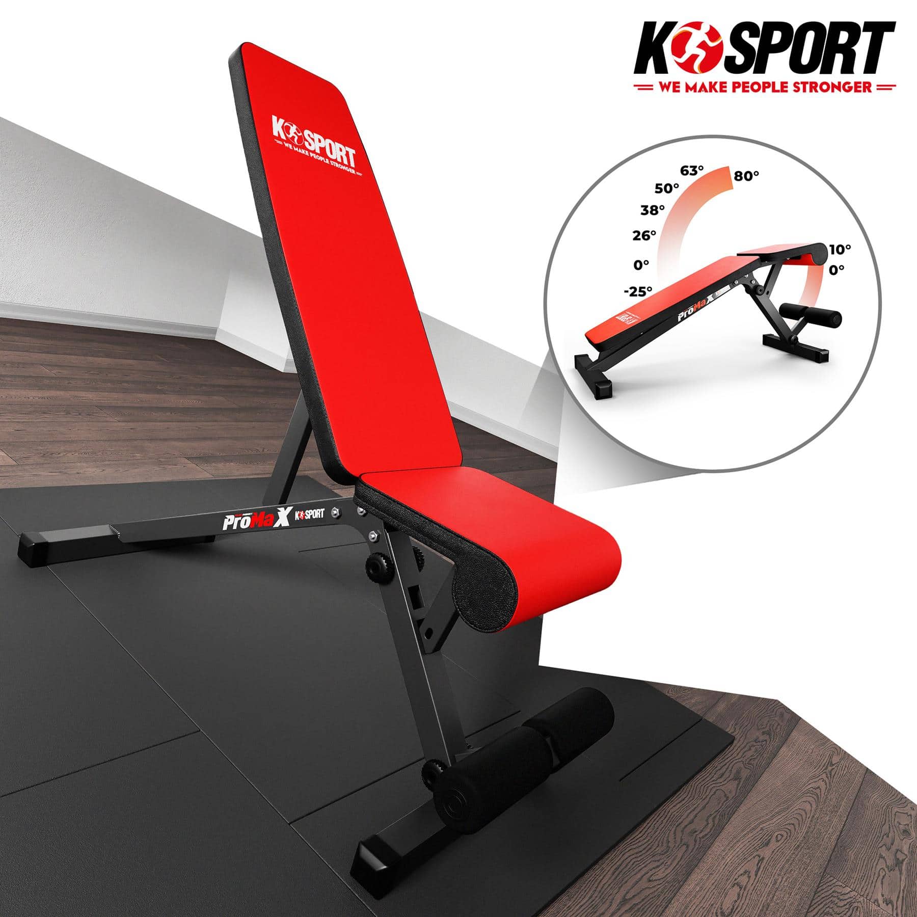 K-Sport Hantelbank mit Illustration der verstellbaren Winkel der Bank