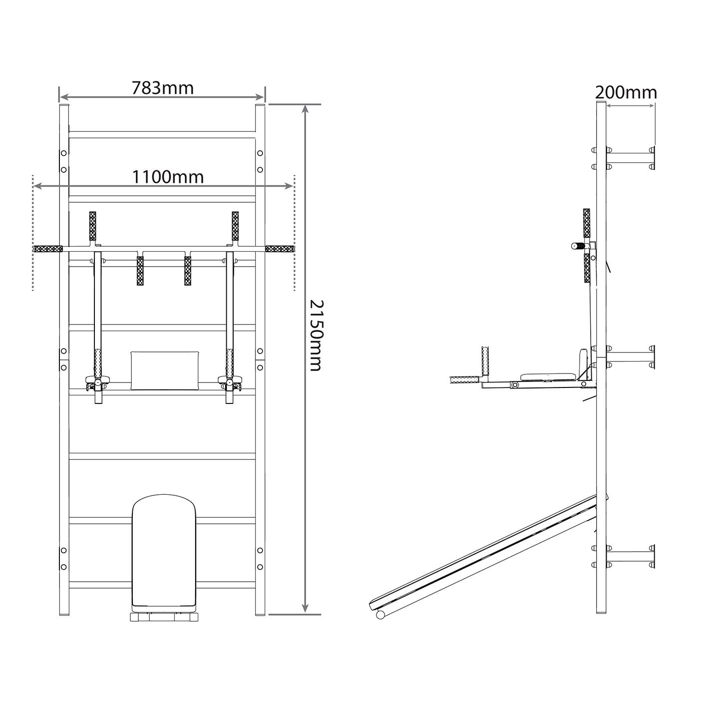Technischen Daten - Trainingsset Sprossenwand mit Dip Station + Klimmzugstange + Bank