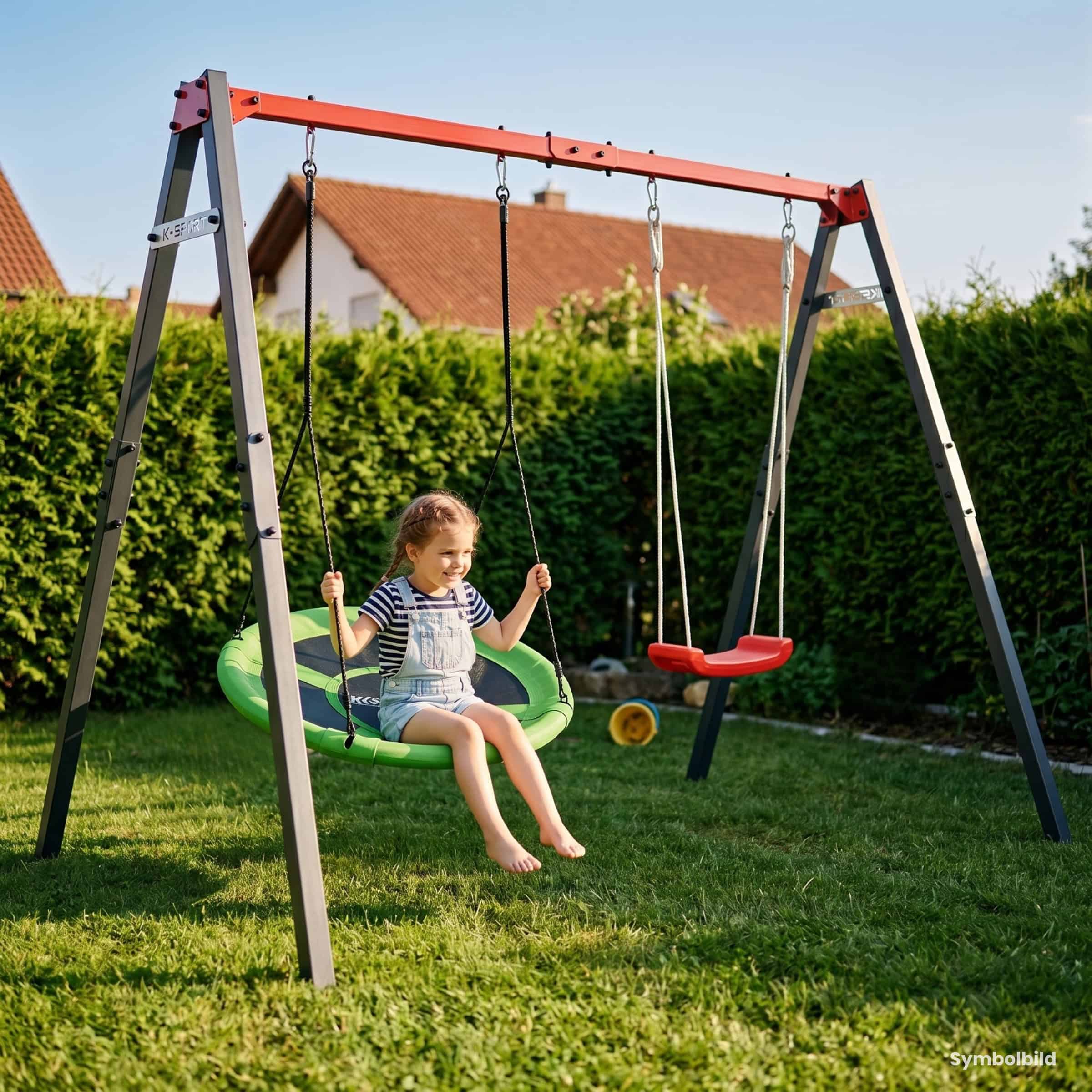 Kind spielt auf Nestschaukel im Garten mit stabiler Doppelschaukel aus Metall