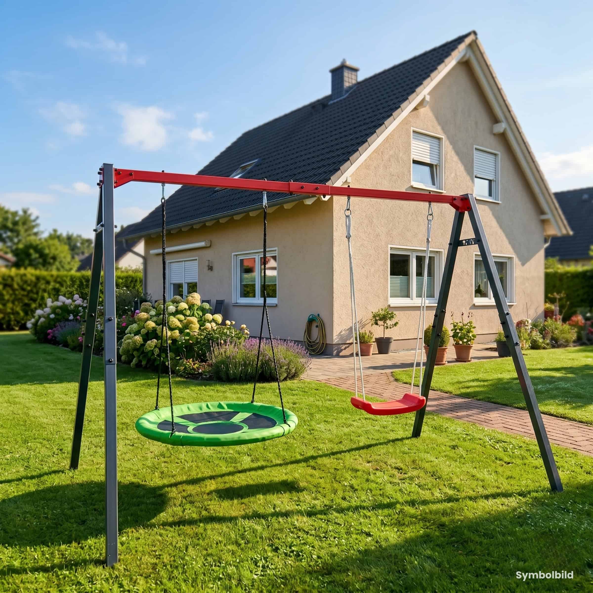Doppelte Gartenschaukel mit Nestschaukel und Brettschaukel aus pulverbeschichtetem Stahl