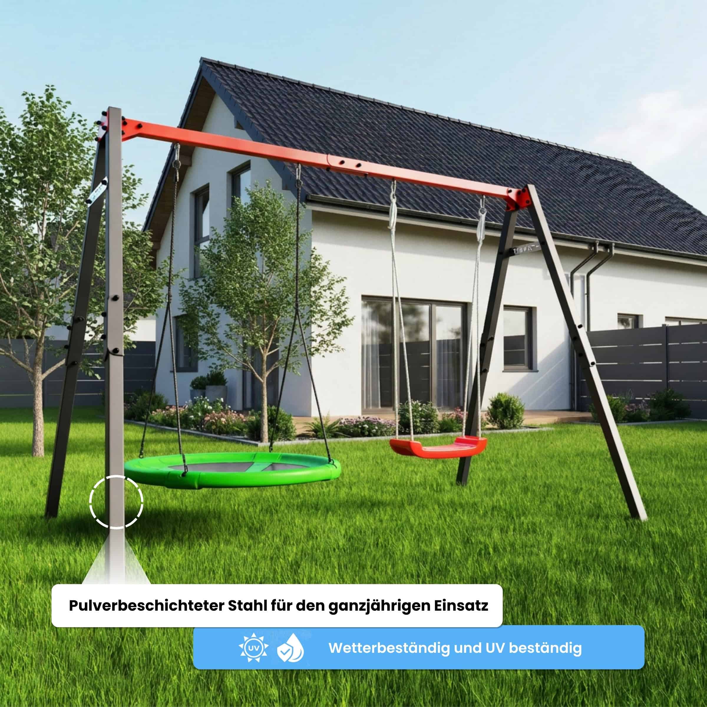 Gartenschaukel mit Nestschaukel und Brettschaukel, UV-beständig und wetterfest, langlebige Konstruktion