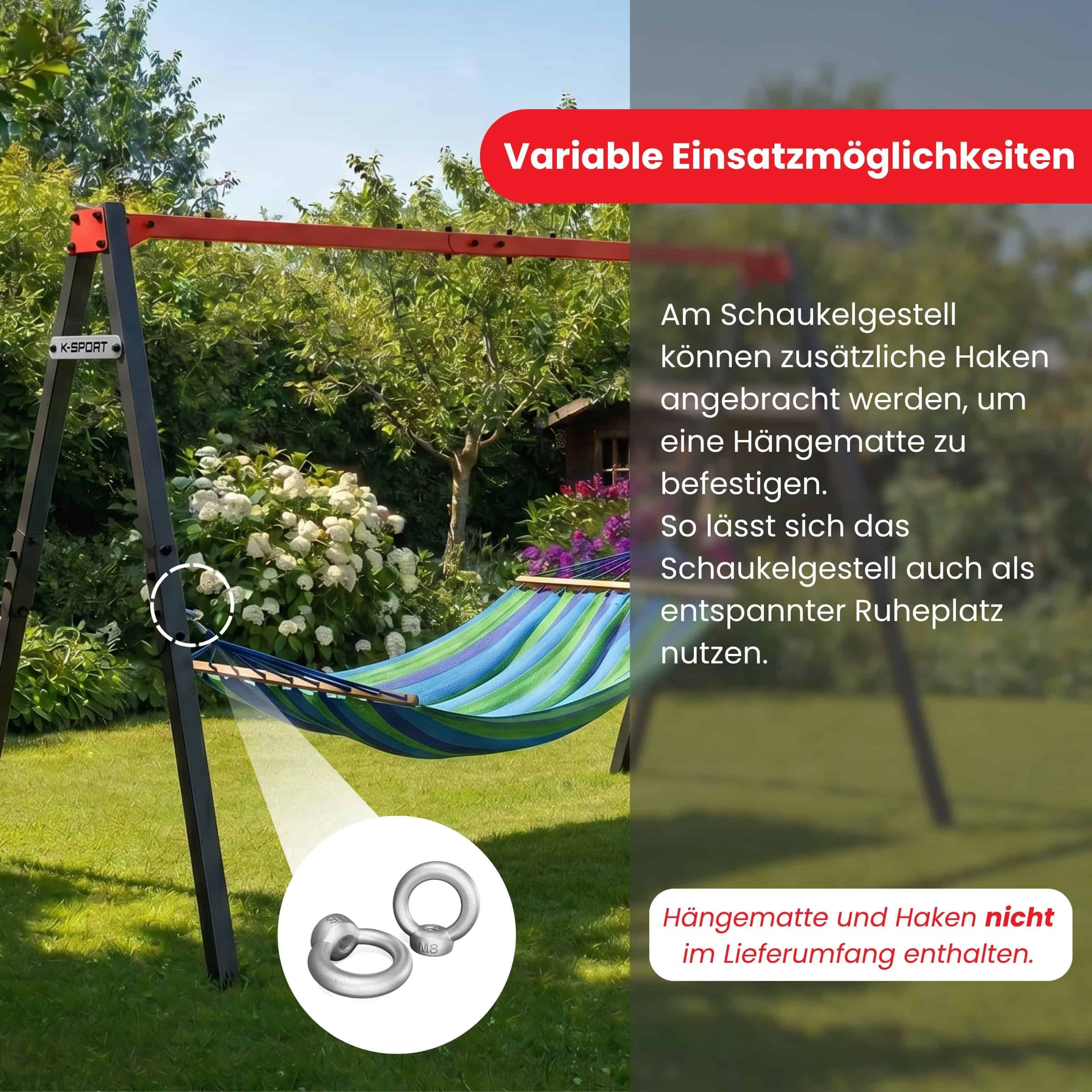 Schaukelgestell mit optionaler Hängematte, vielseitige Nutzung als Spiel- und Entspannungsbereich im Garten