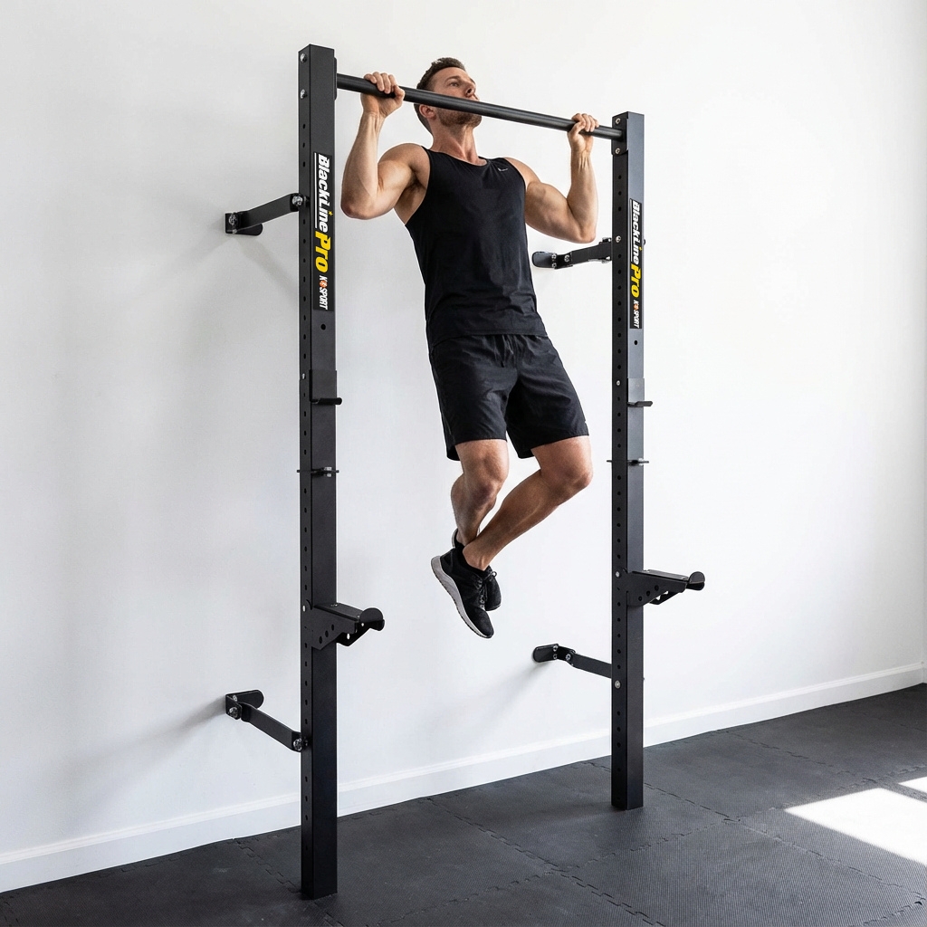 Mann macht Klimmzug an wandmontiertem klappbarem Half Rack