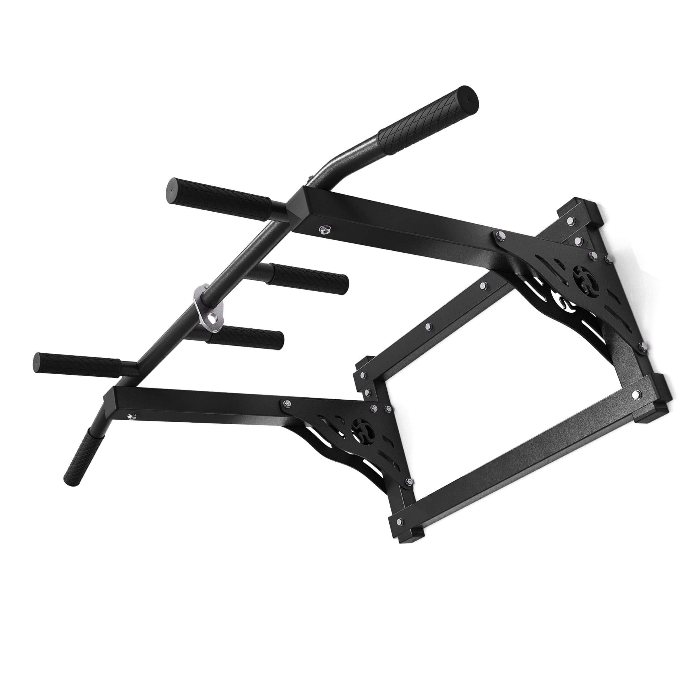 Schrägansicht der stabilen ProMaX Klimmzugstange zur Wandmontage mit Multi-Grip-Griffen für Pull-Ups und Krafttraining