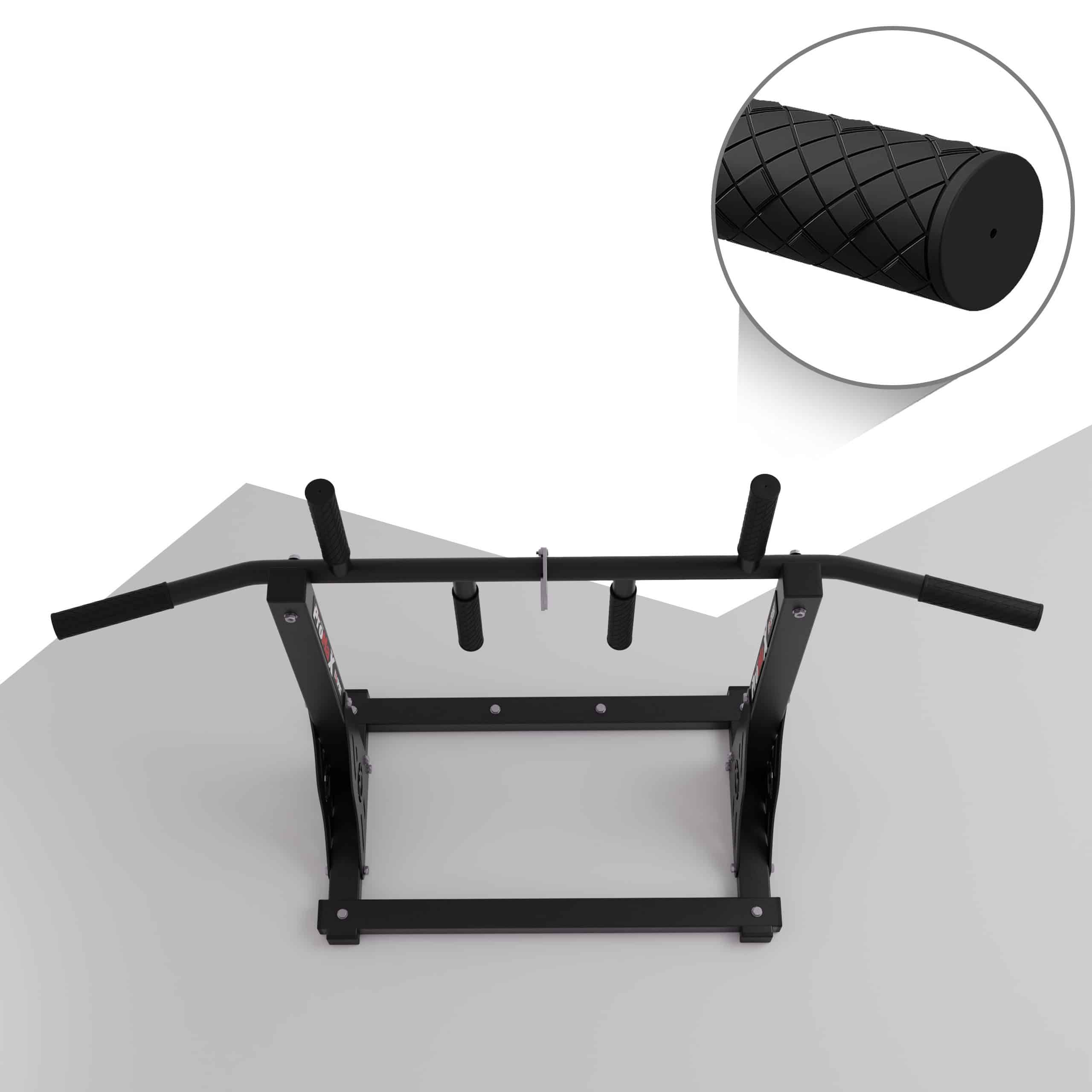 Seitenansicht der ProMaX Klimmzugstange für Wandmontage mit mehreren Griffvarianten für Pull-Ups und Chin-Ups