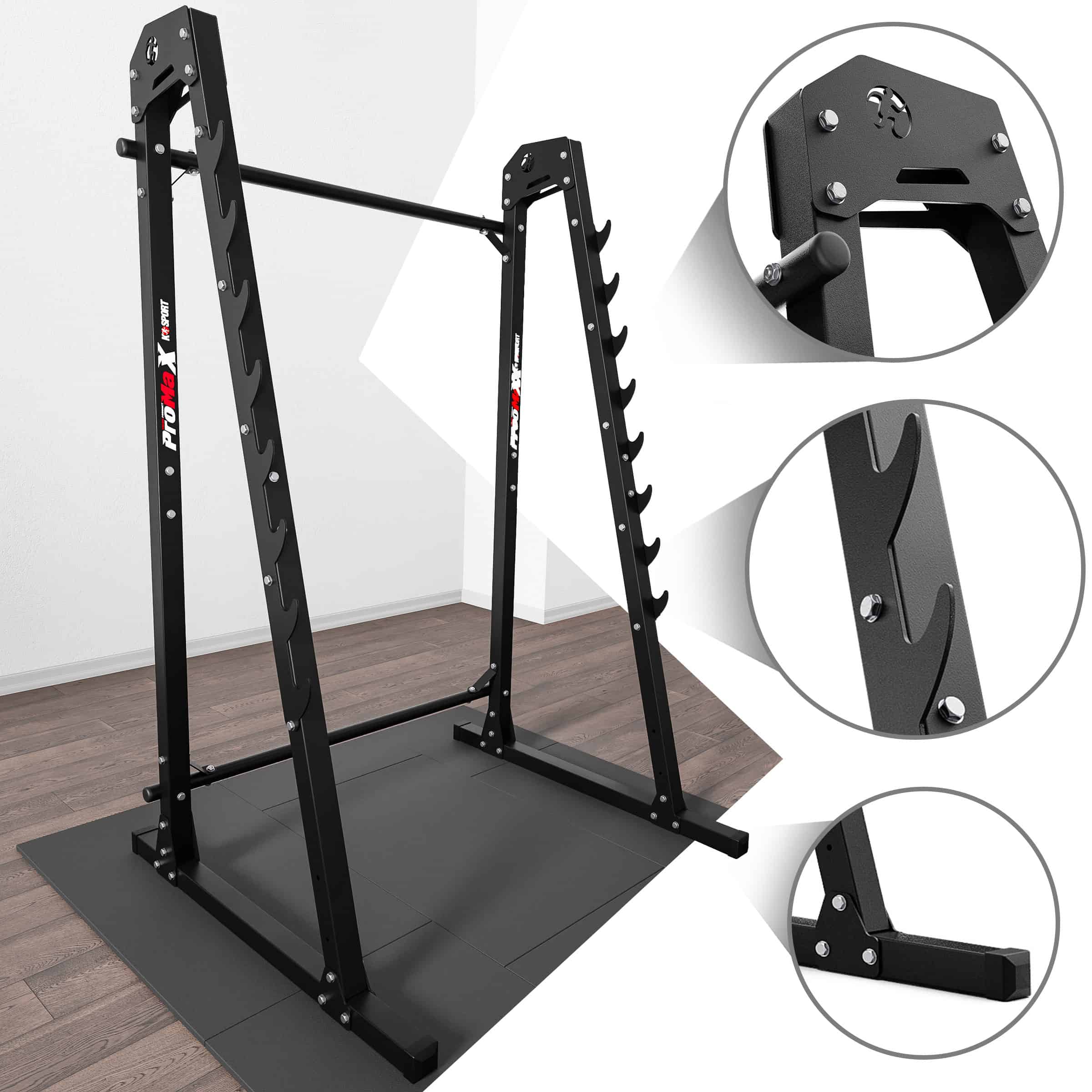Detaildarstellung der stabilen Hantelablagen, Verschraubungen und Standfüße eines hochwertigen Squat Racks