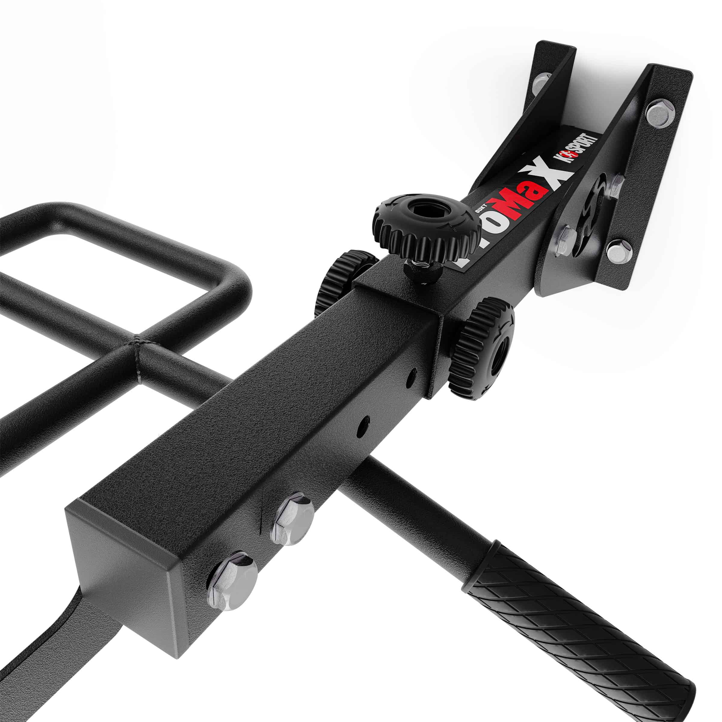 Detailaufnahme der verstellbaren Wandhalterung einer Multi-Grip Klimmzugstange aus Stahl