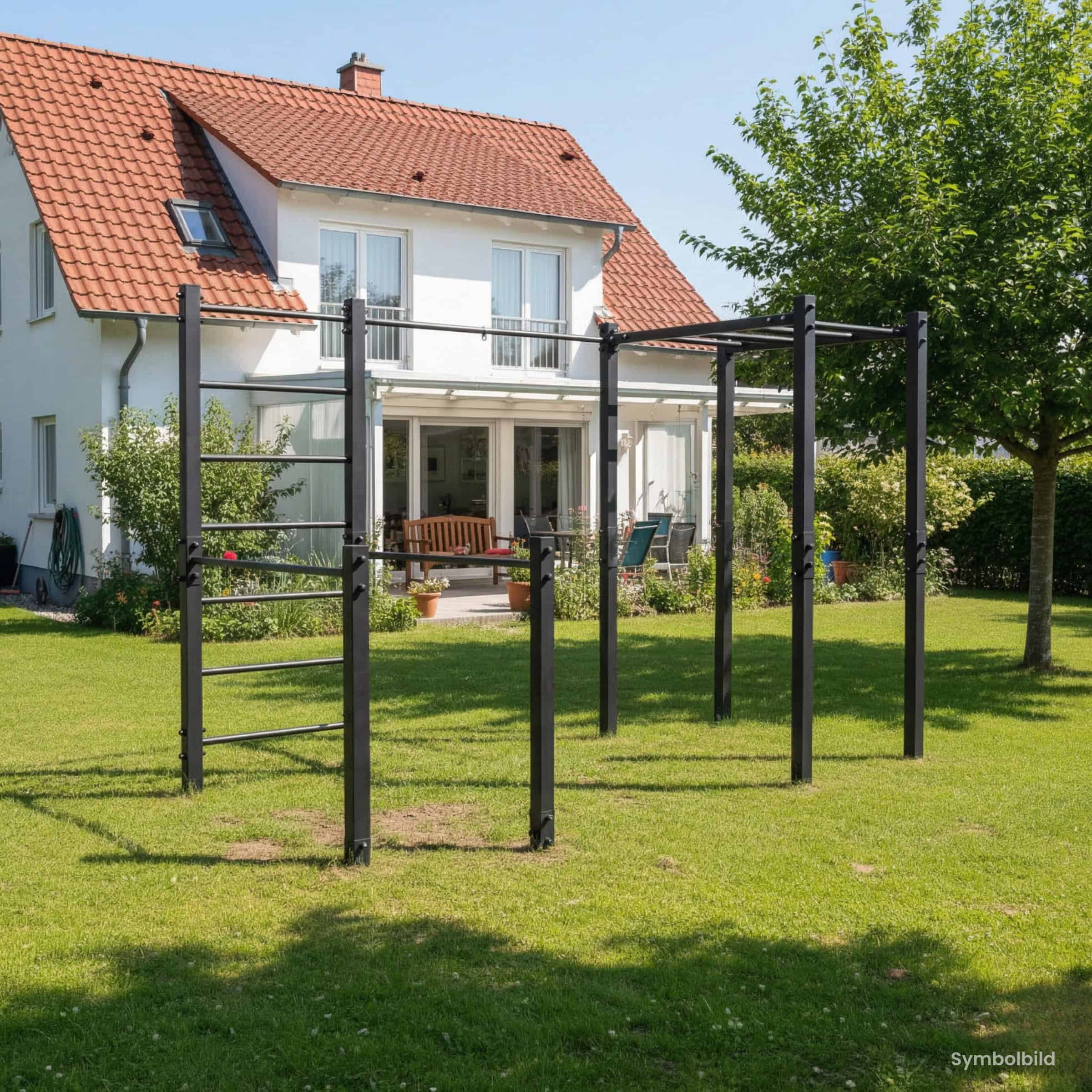 Outdoor Calisthenics Gerät mit Sprossenwand, Klimmzugstange und Hangelleiter im Garten eines Einfamilienhauses