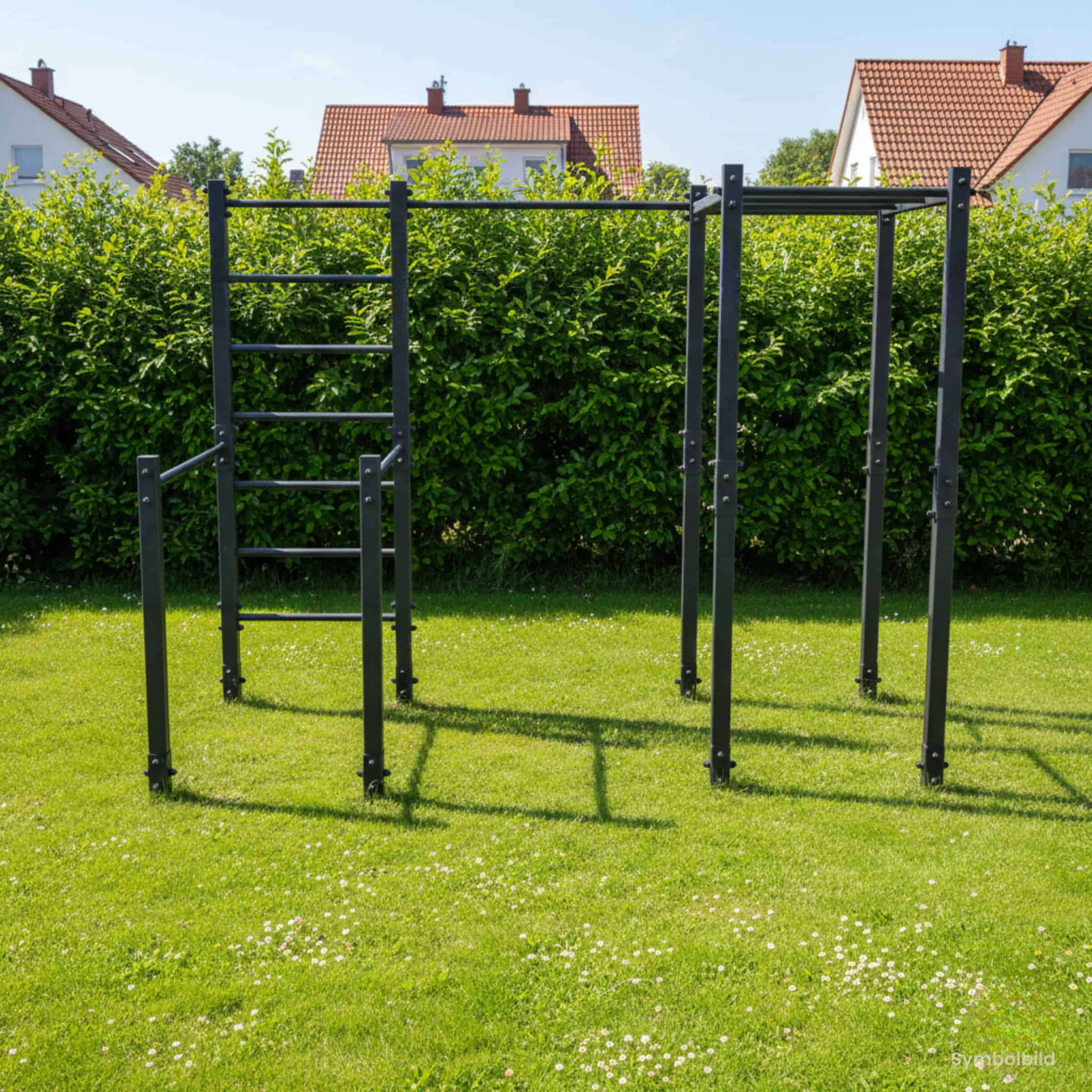 Schwarzes Calisthenics-Gerät für den Außenbereich mit Affenleiter und Dip-Barren auf einer Rasenfläche vor einer grünen Hecke.