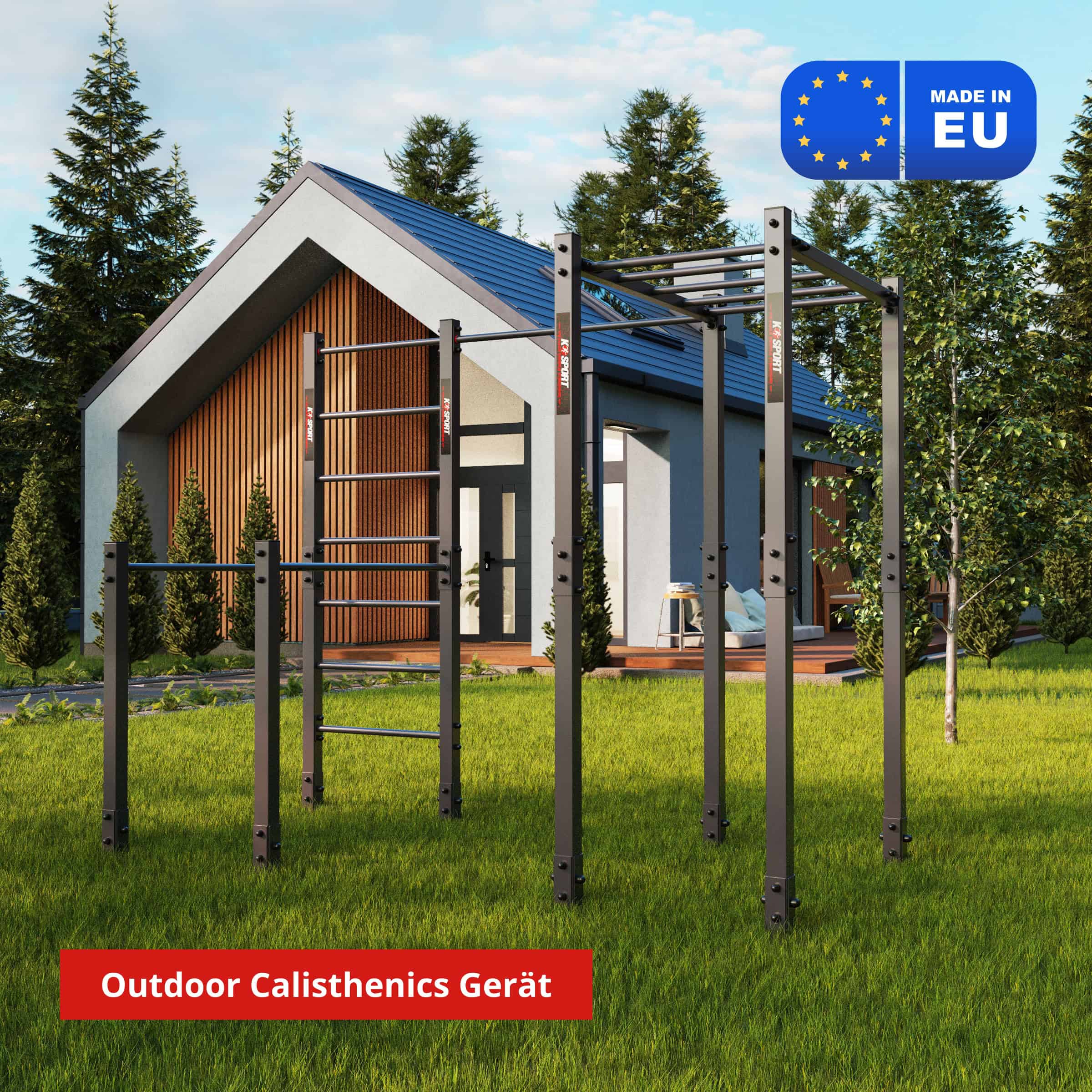 Outdoor Calisthenics Gerät im Garten neben modernem Haus, stabile Klimmzugstange und Hangelleiter, Made in EU