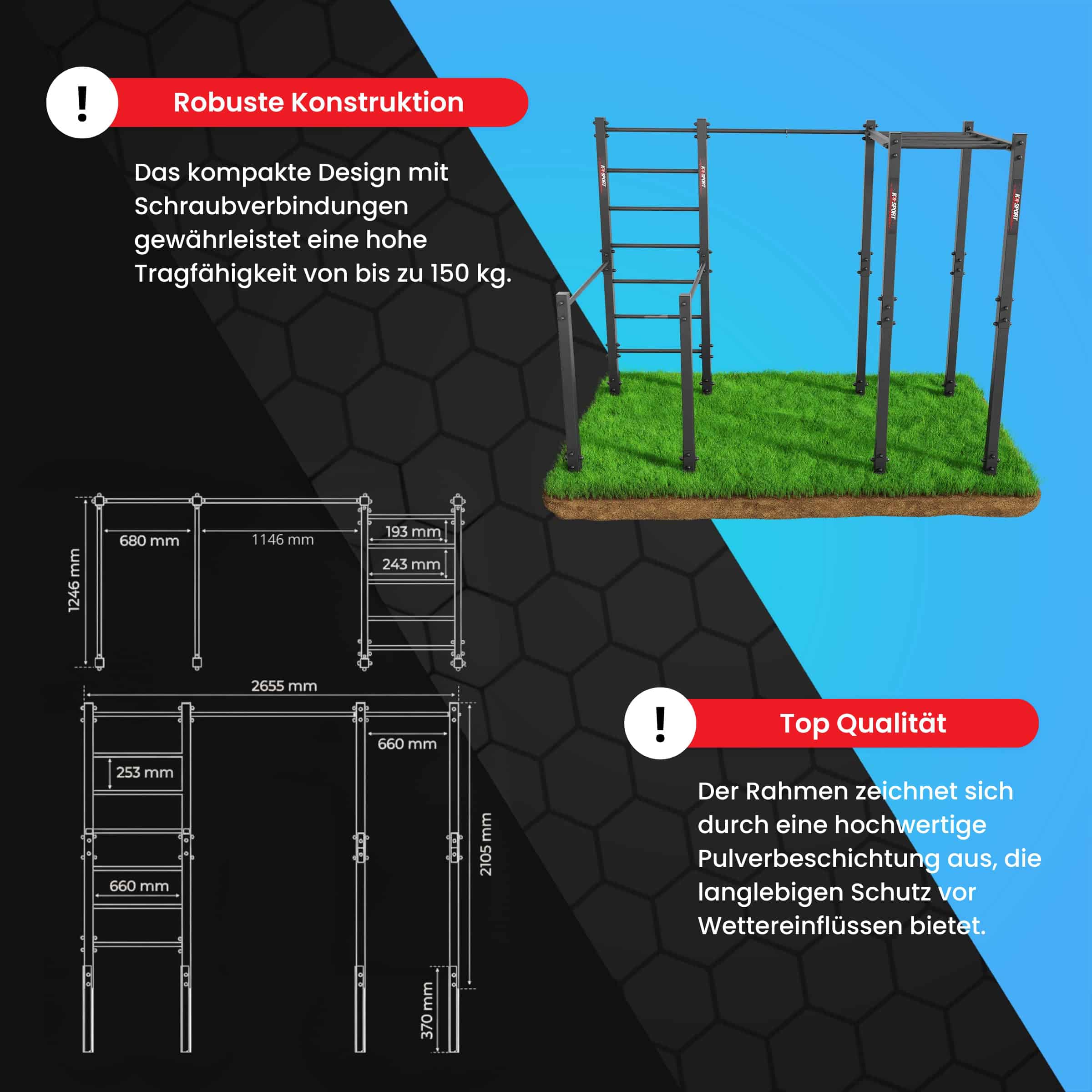 Infografik zum Outdoor Calisthenics Gerät mit Maßen, Tragfähigkeit bis 150 kg und robuster Stahlkonstruktion