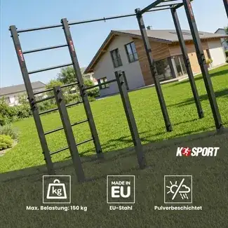 Outdoor Calisthenics Fitnessgerät für den Garten mit Sprossenwand, Hangelleiter und Klimmzugstangen – belastbar bis 150 kg, EU-Stahl