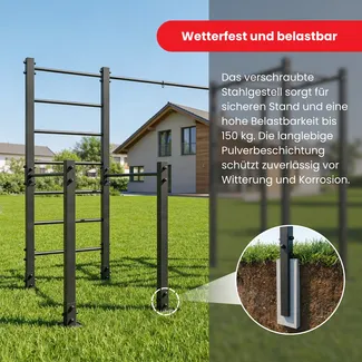 Wetterfeste Outdoor Calisthenics Anlage aus pulverbeschichtetem Stahl im Garten – stabile Bodenverankerung und belastbar bis 150 kg