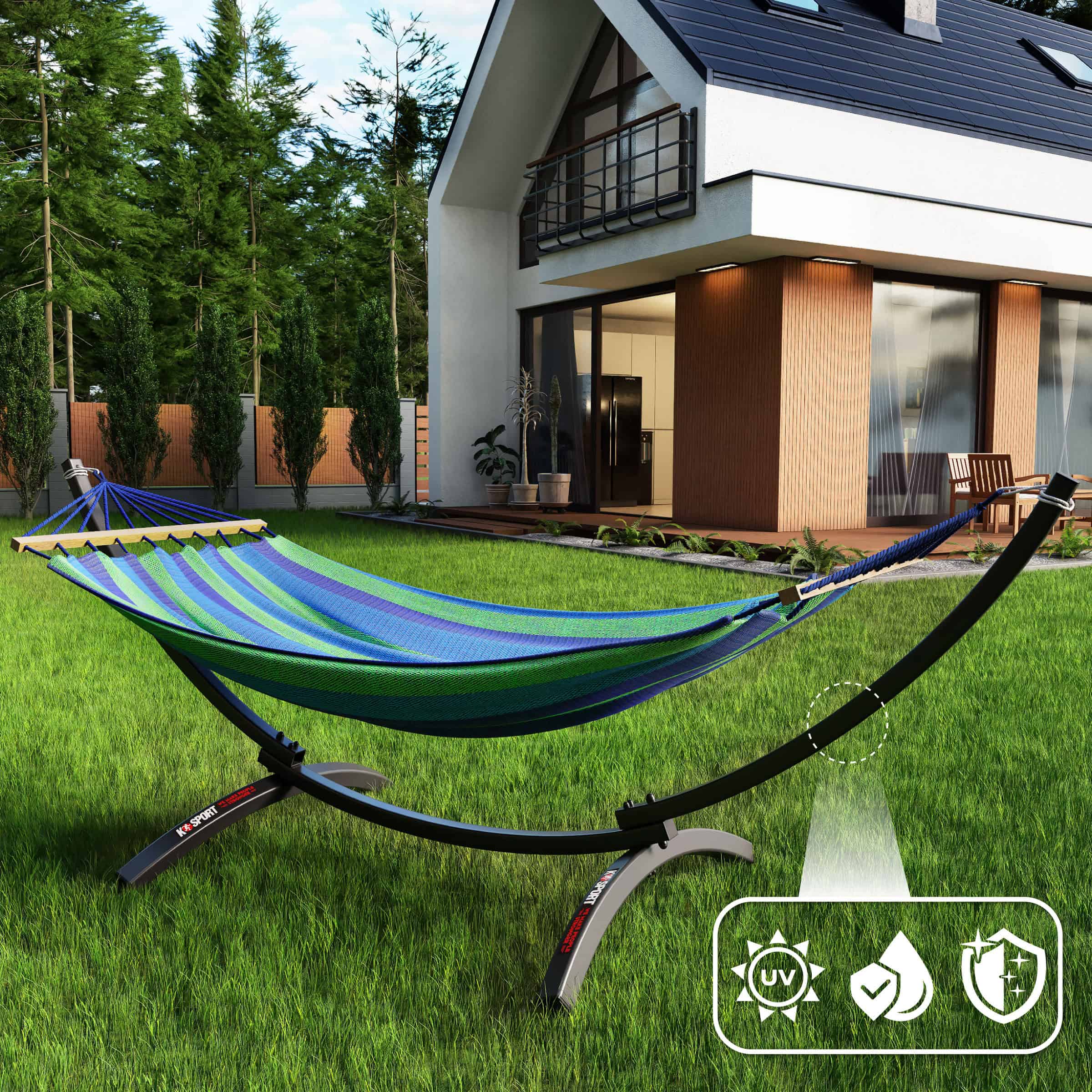 Garten Hängematte mit Gestell in modernem Garten vor Haus, wetterfest und UV-beständig