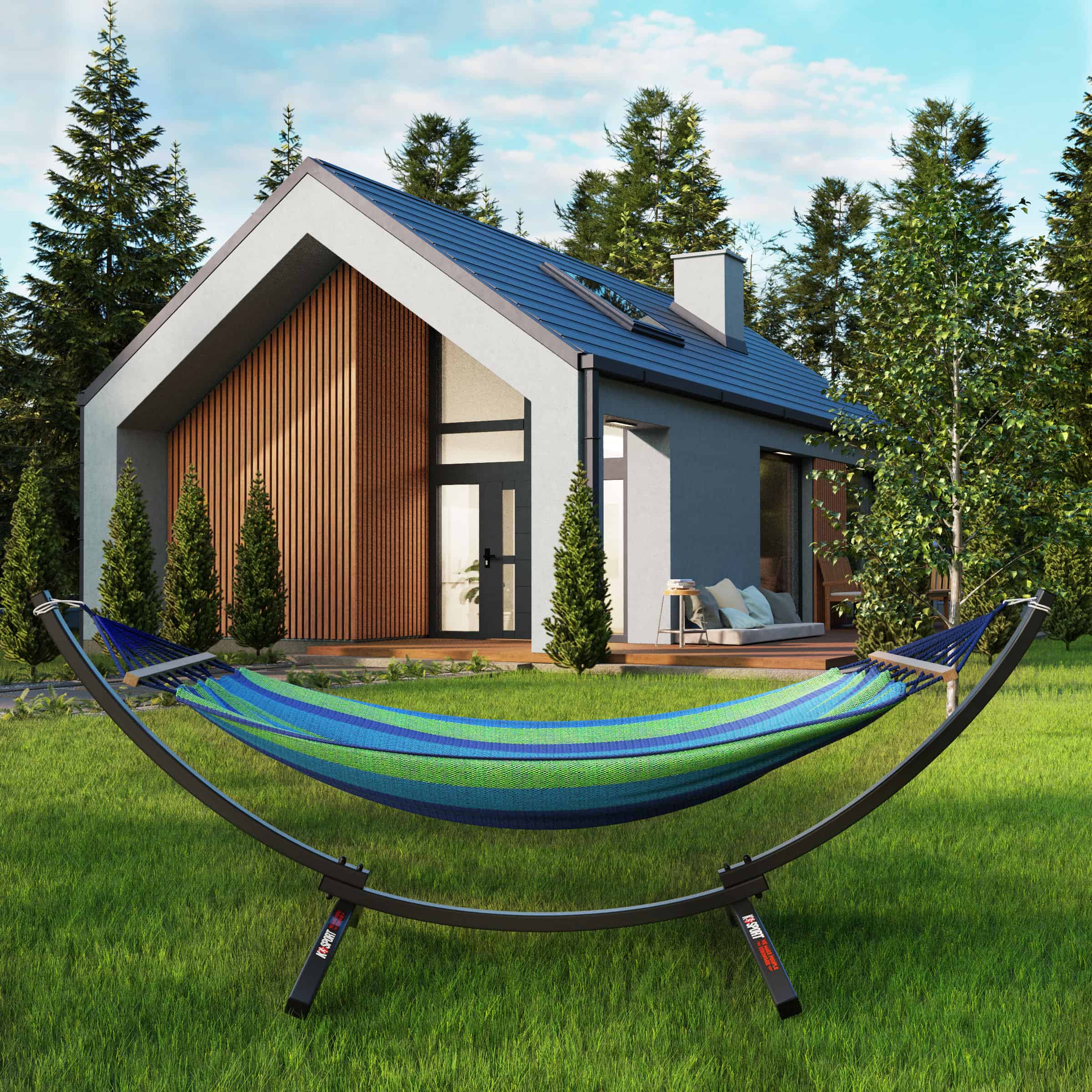 Outdoor Hängematte mit Gestell im Garten vor modernem Haus, ideal zum Entspannen