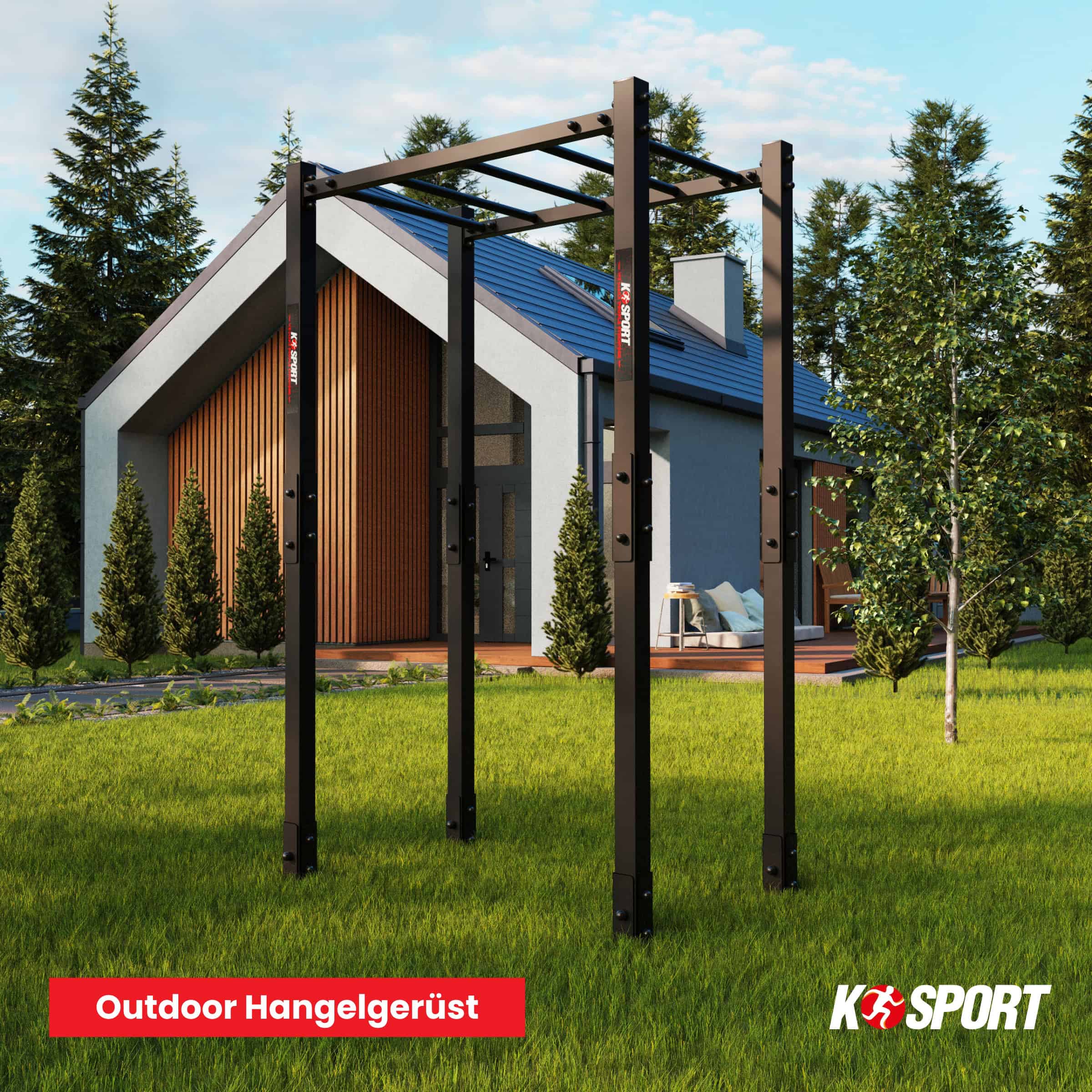 Outdoor-Hangelgerüst im Garten eines modernen Einfamilienhauses, montiert auf Rasenfläche, geeignet für Training im Außenbereich
