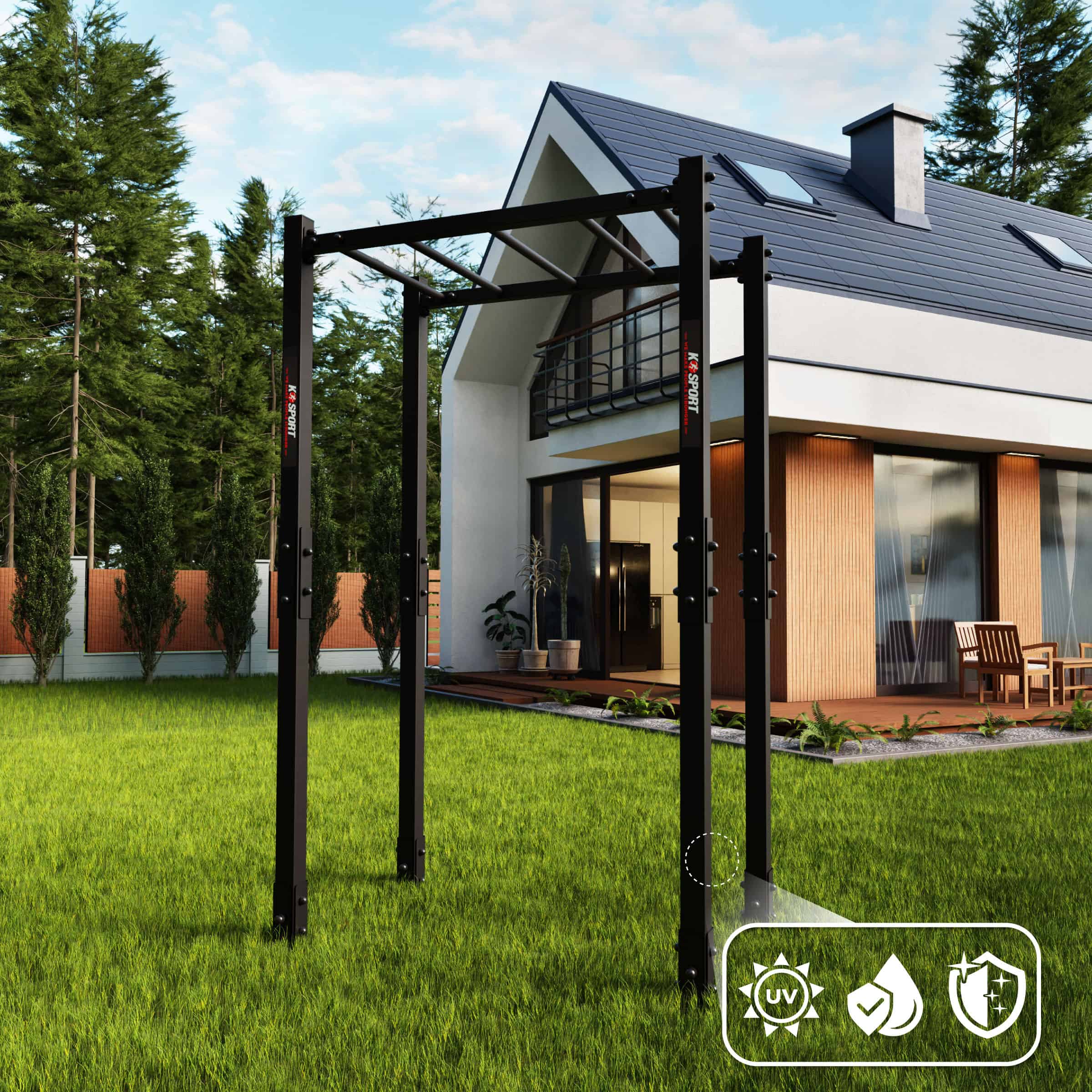 Outdoor-Hangelgerüst vor modernem Wohnhaus, mit Hinweisgrafiken zu UV-Beständigkeit, Wetterfestigkeit und Schutzbeschichtung