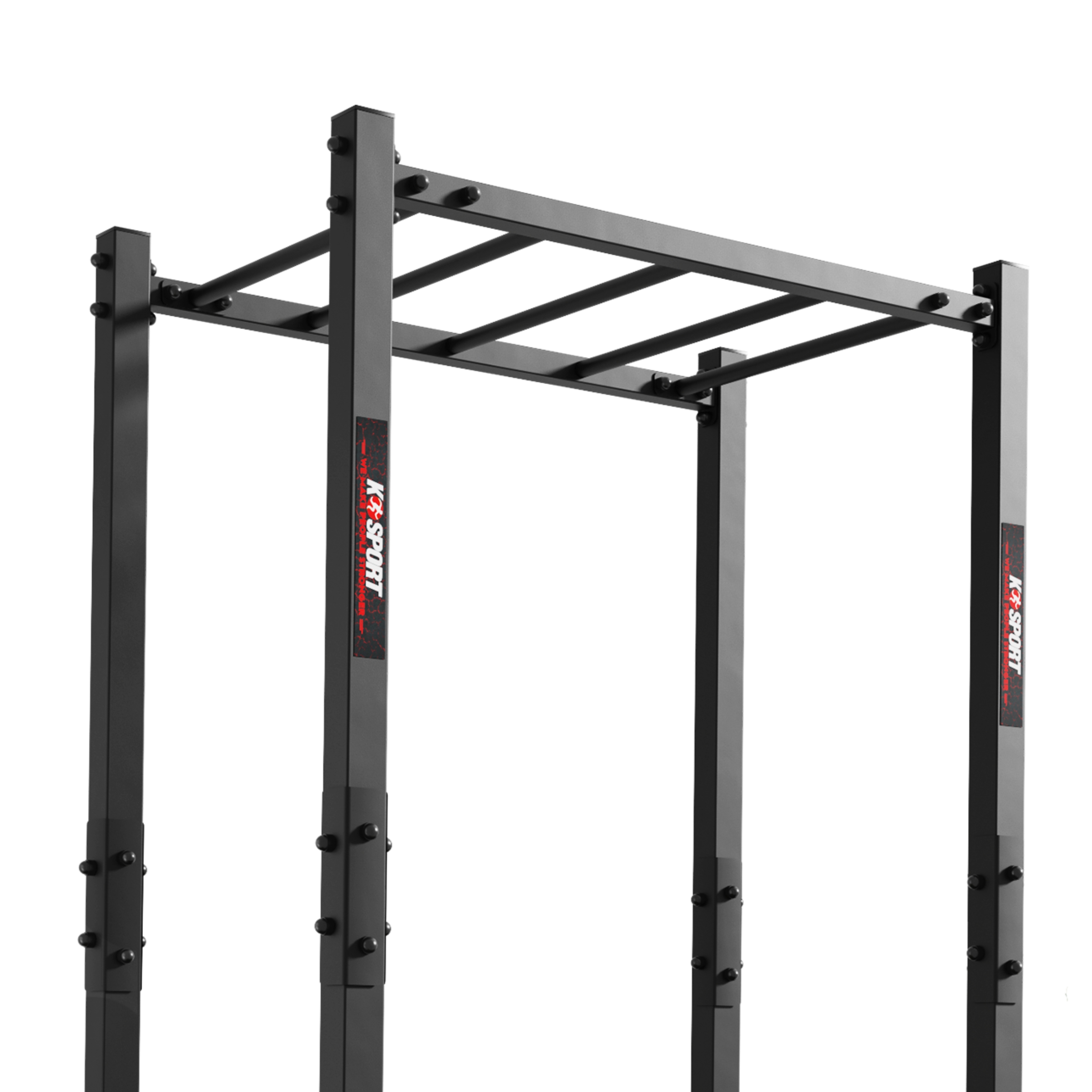 Detailansicht des oberen Bereichs eines Outdoor-Hangelgerüsts mit Monkey Bars und verschraubter Stahlkonstruktion