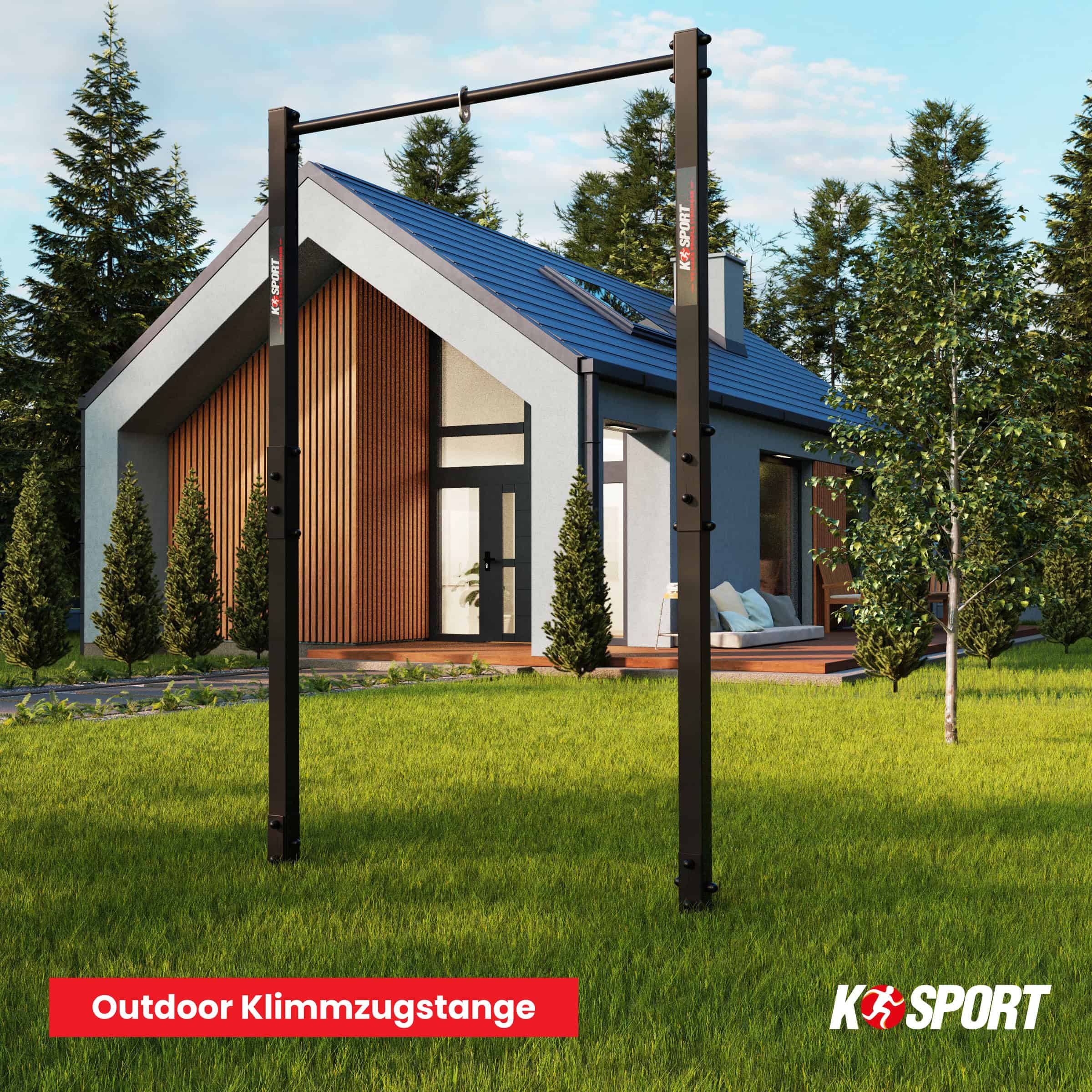 Outdoor-Klimmzugstange im Garten vor einem modernen Wohnhaus für Street Workout Training