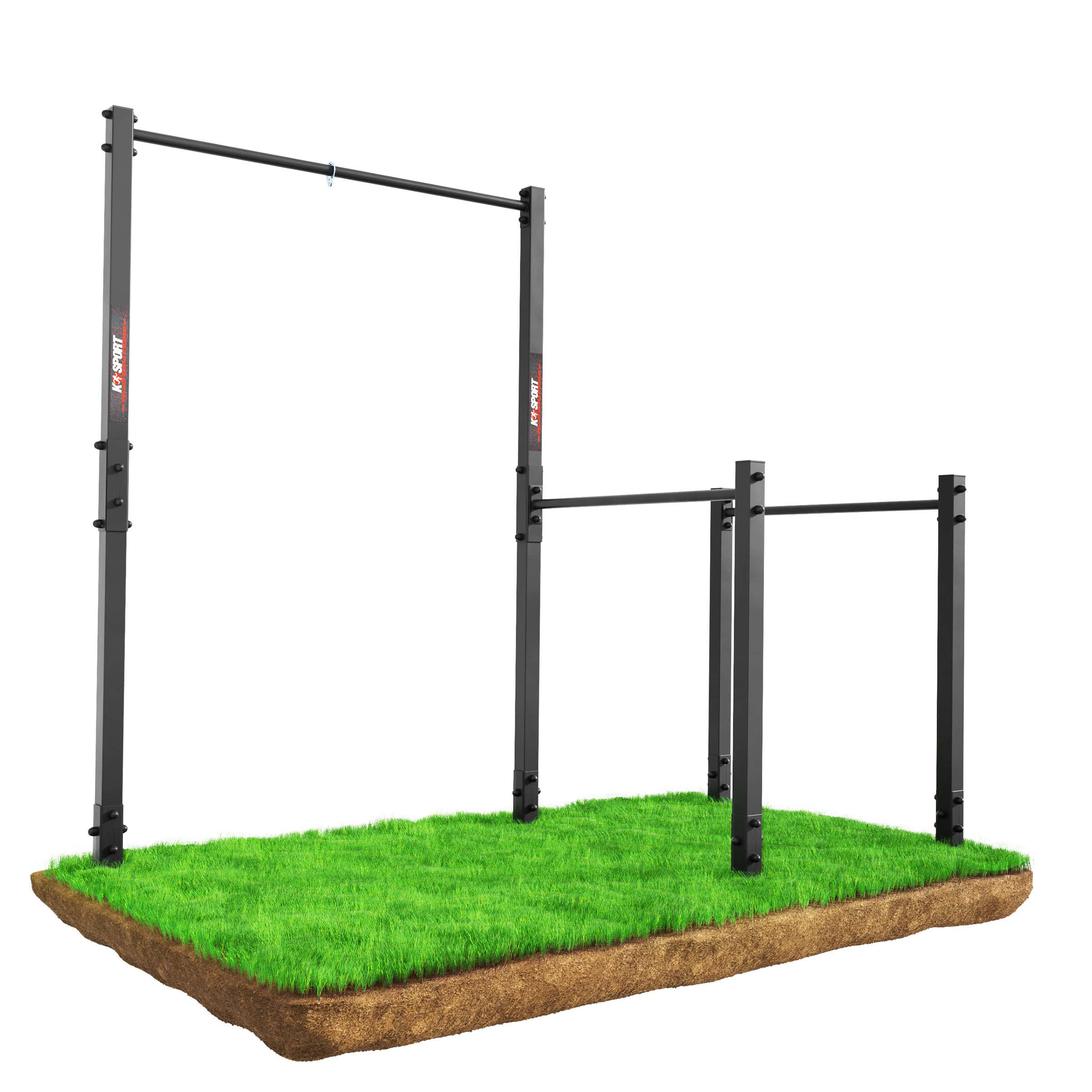 Gesamtansicht der freistehenden Calisthenics-Anlage mit Klimmzugstange und Barren