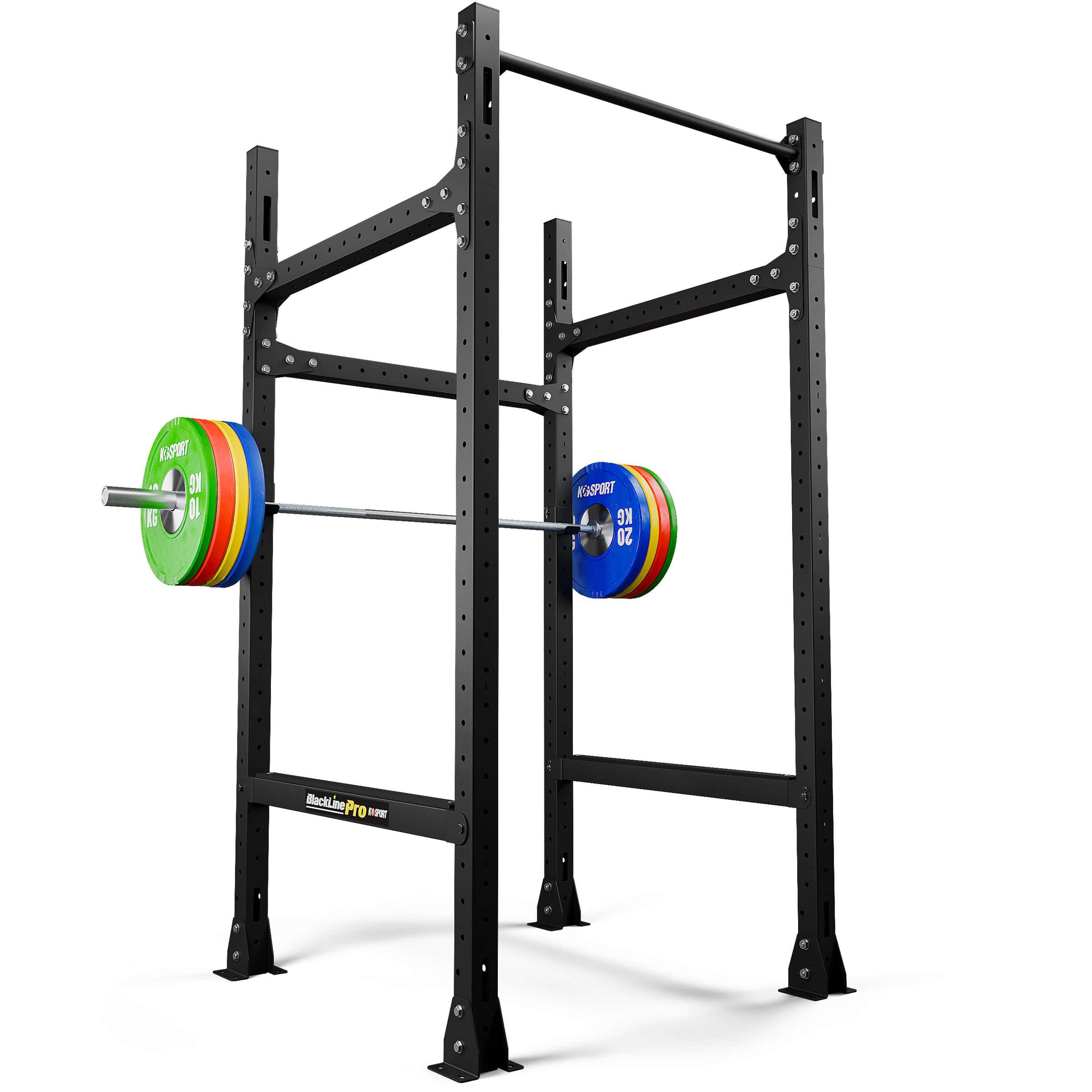 Freistehendes Power Rack aus Stahl mit Klimmzugstange und Langhantel, ideal für Kniebeugen und Krafttraining im Homegym