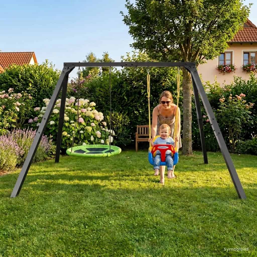 Mutter schiebt Kind auf Babyschaukel, stabiles Metall Schaukelgestell mit Nestschaukel
