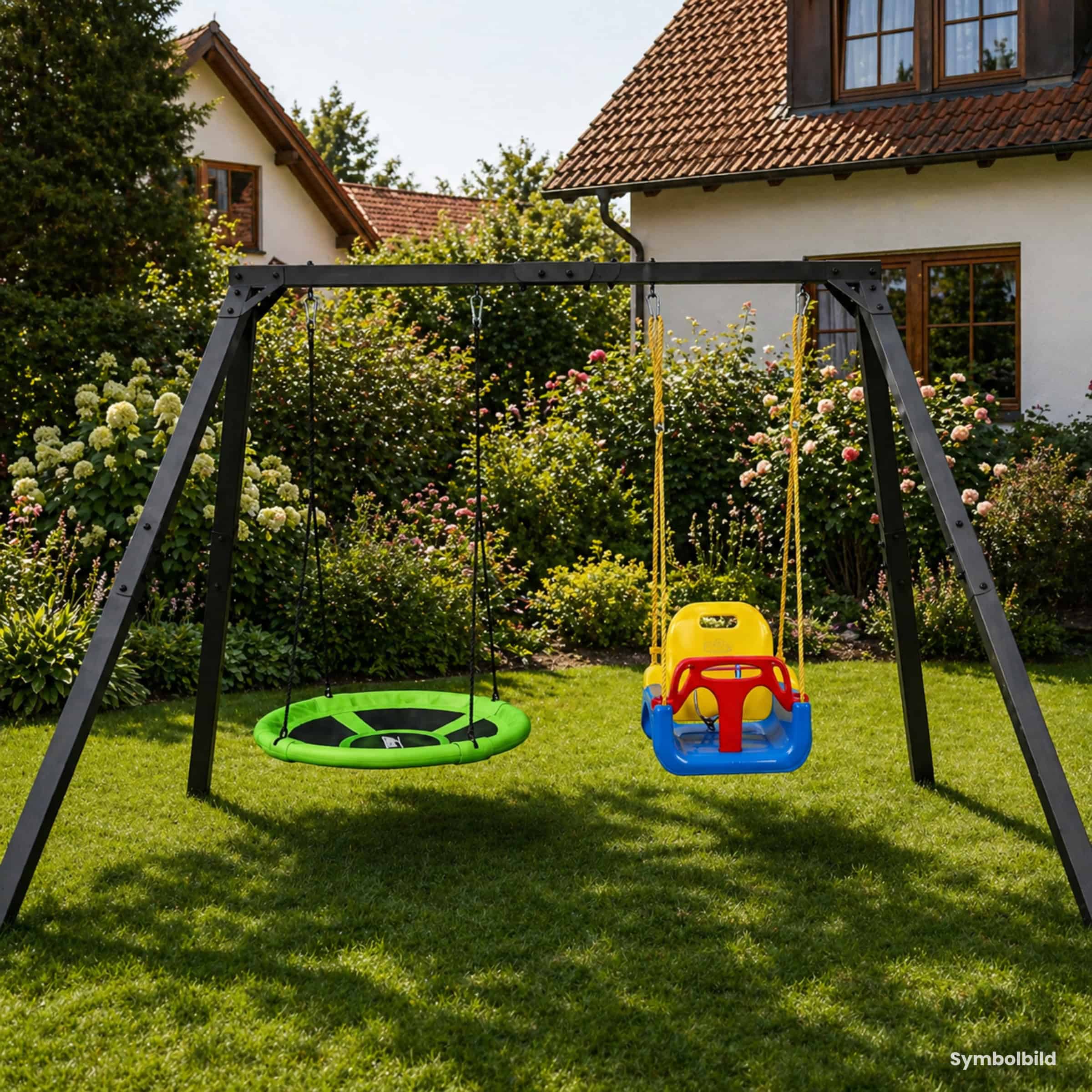 Doppelschaukel aus Metall im Garten vor Haus mit Nestschaukel und 3in1 Babyschaukel