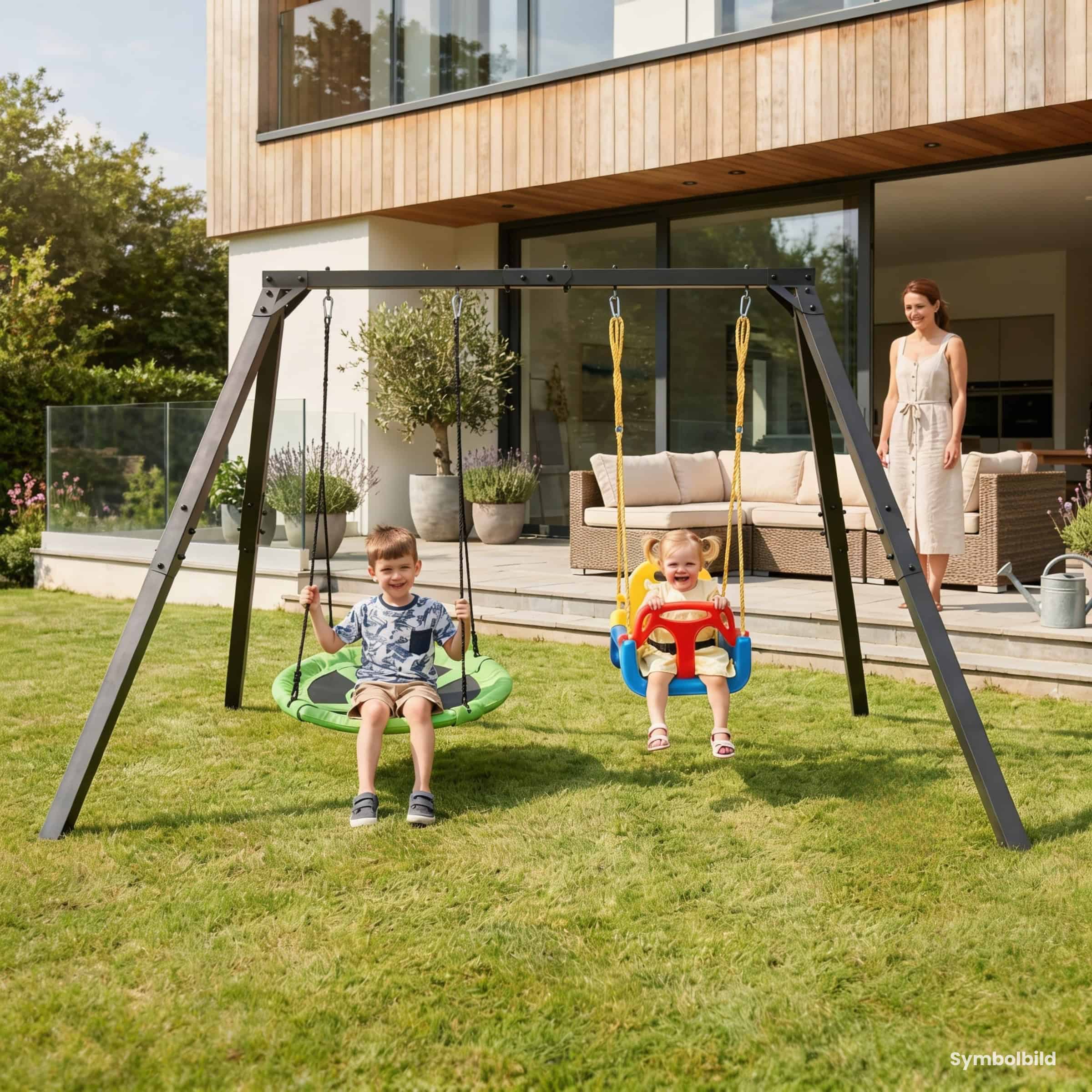 Kinder auf Doppelschaukel aus Metall mit Nestschaukel und Babyschaukel im Garten