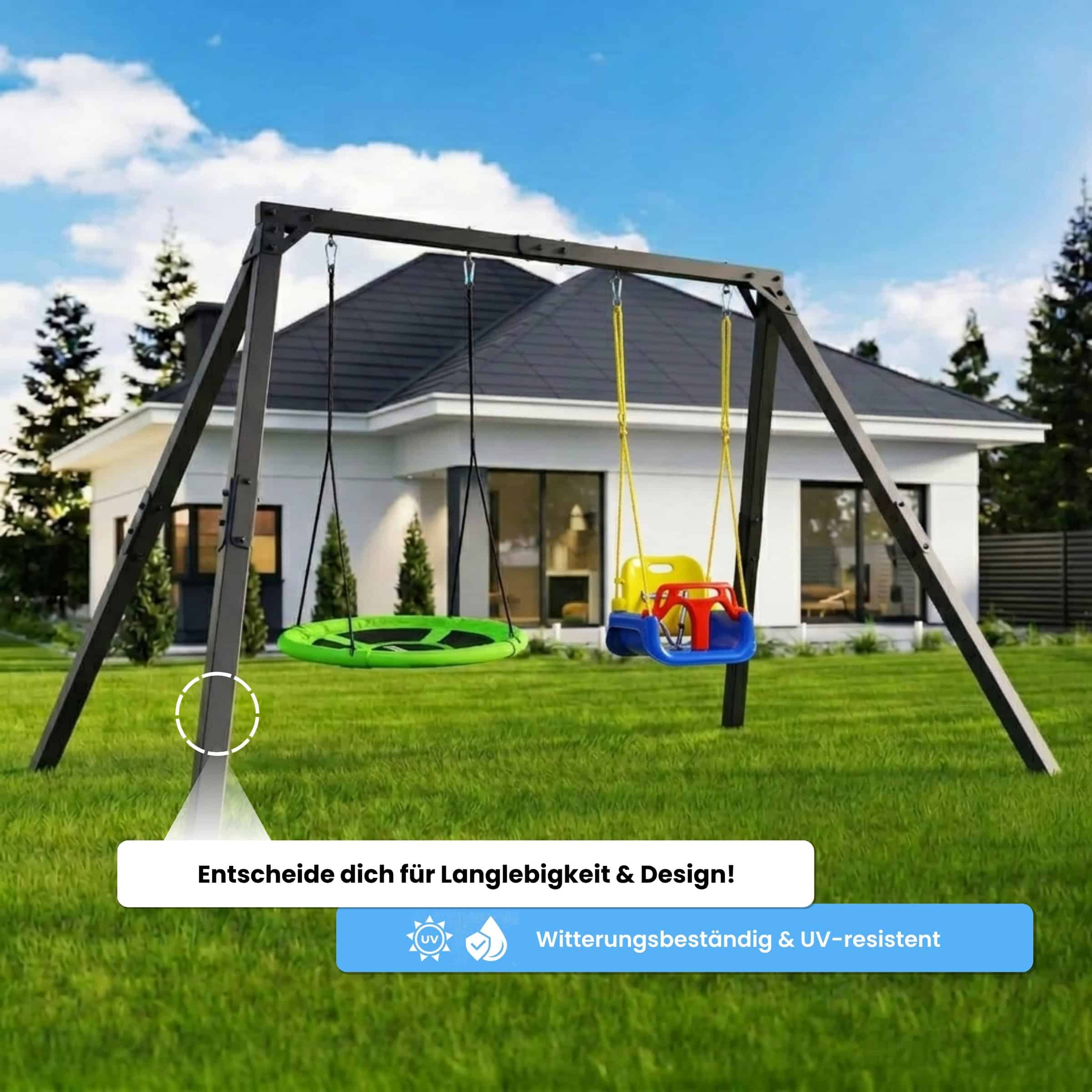 Schaukelgestell aus Metall wetterfest und UV beständig mit zwei Schaukeln im Garten