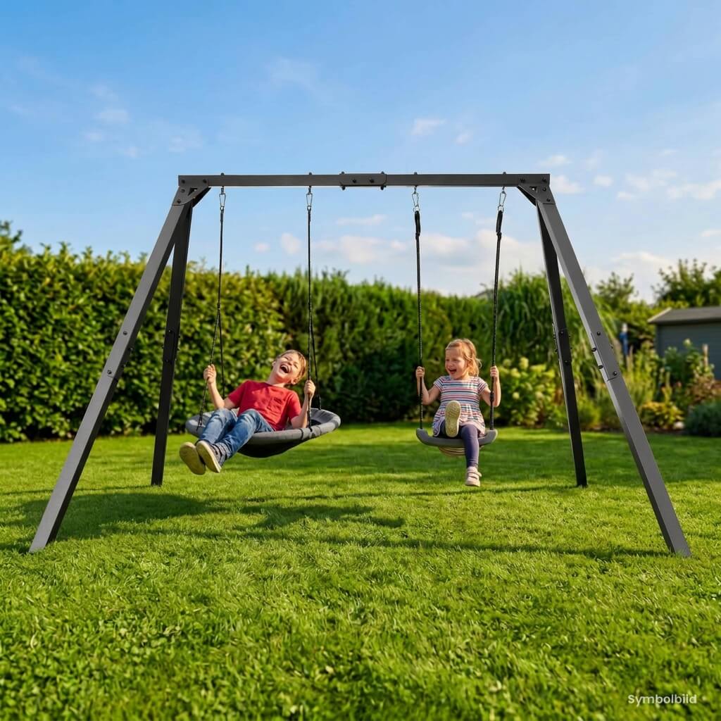 Kinder spielen auf Doppelschaukel aus Metall mit Nestschaukel und Brettschaukel im Garten