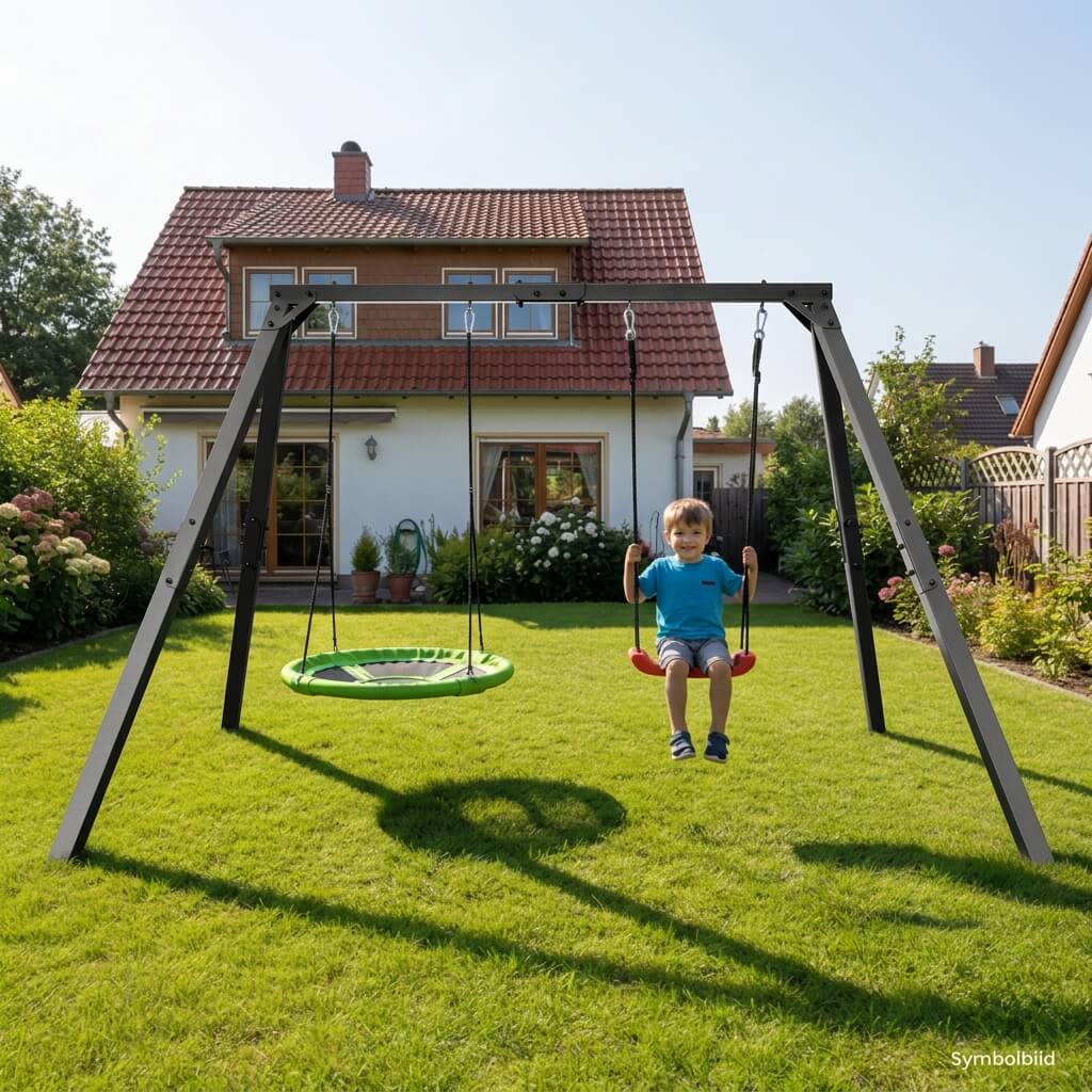 Kind schaukelt auf Brettschaukel an stabiler Doppelschaukel aus Metall im Garten
